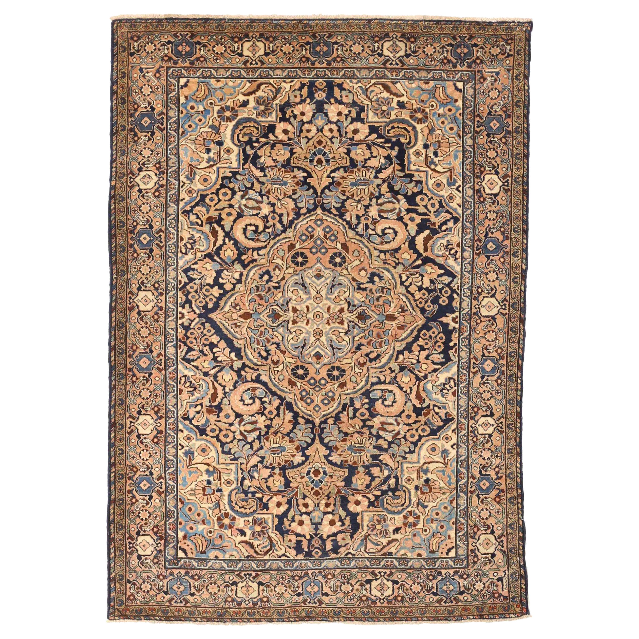 Alfombra Persa Hamadan Small - Lana Marfil Azul Marino Diseño Rosa - 75031 en venta