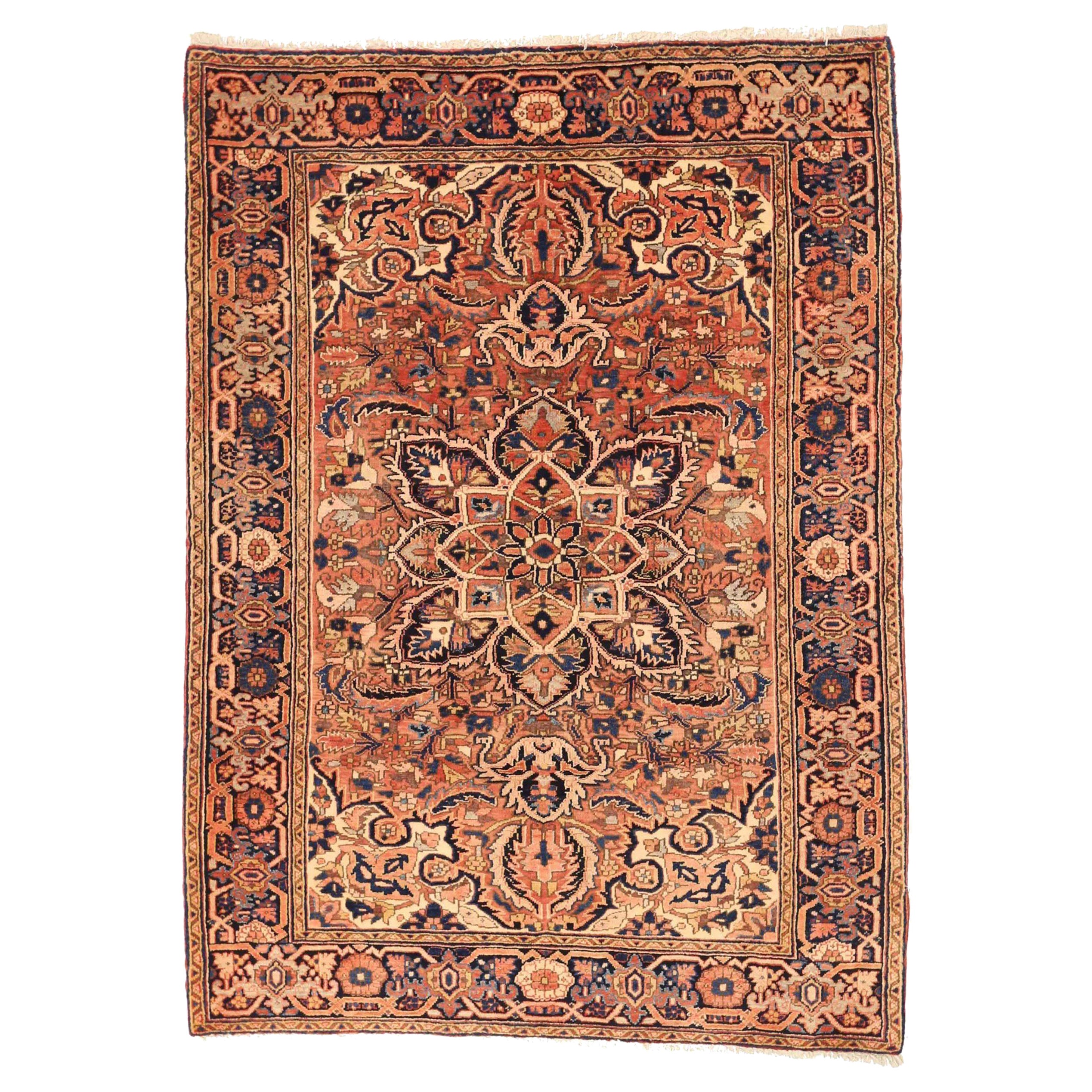 Petit tapis persan Heriz datant d'environ 1910 - Laine ivoire bleu marine bleu rouge motif - 75036