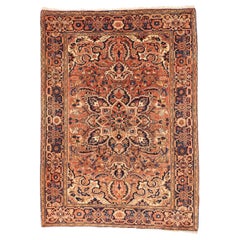 Petit tapis persan Heriz datant d'environ 1910 - Laine ivoire bleu marine bleu rouge motif - 75036
