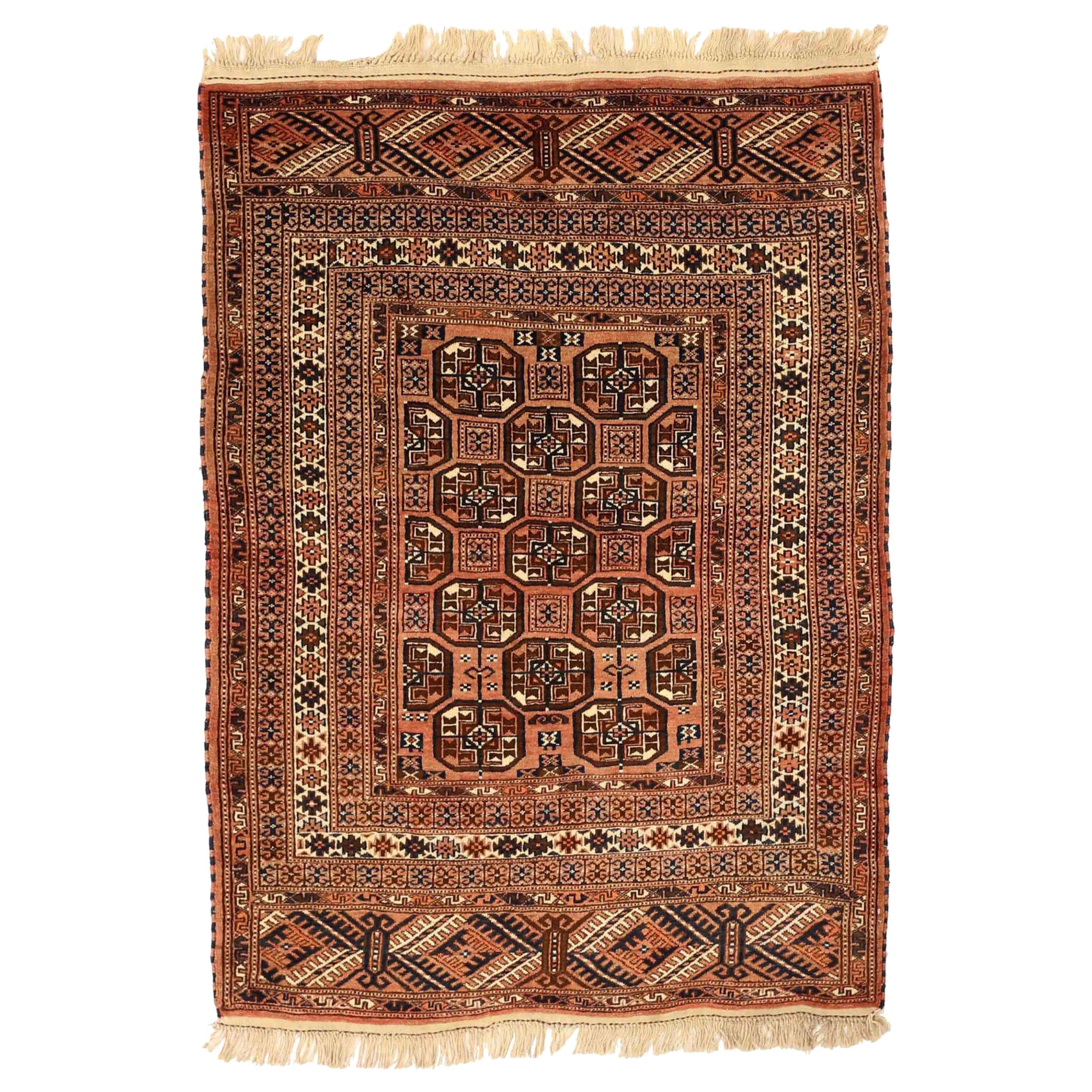 Alfombra Persa Turkeman Small Circa 1910 - Lana Marrón Marfil Rojo Design - 75040