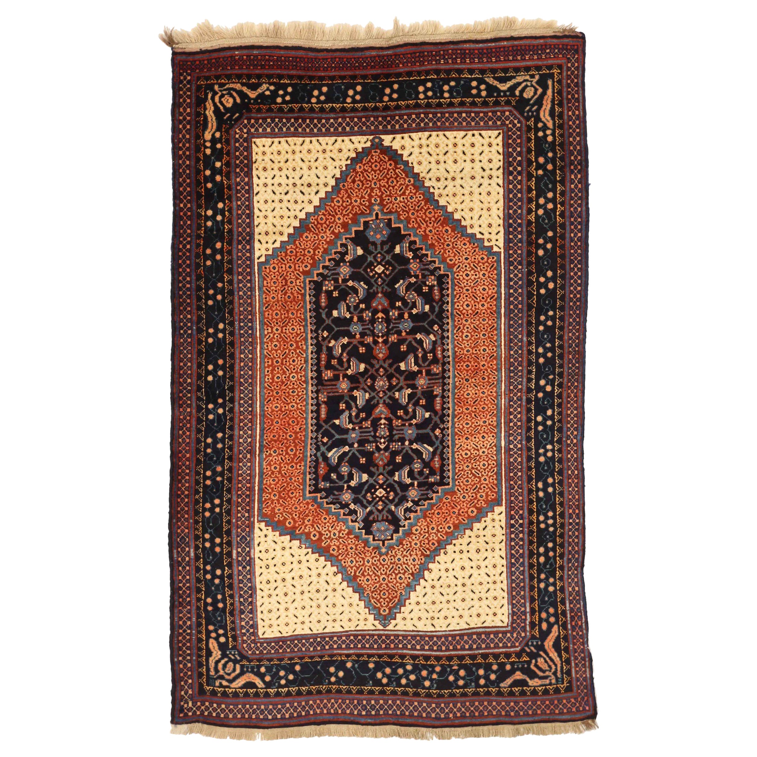 Russian Karabagh Small Rug - Wool Ivory Navy Blue Red Design - 75064