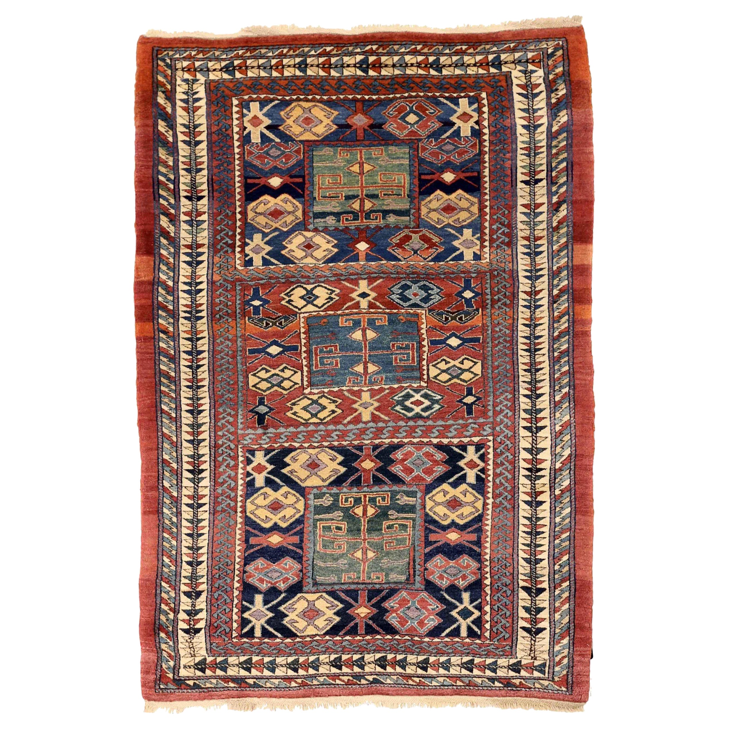 Persian Bijar Small Rug - Wool Green Ivory Navy Blue Red - 75065