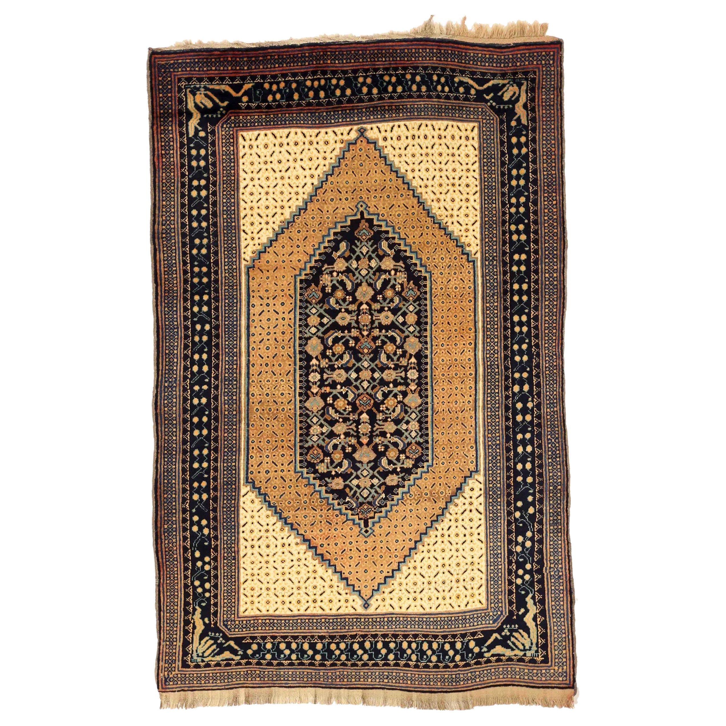 Russian Karabagh Small Rug - Wool Ivory Navy Blue Yellow - 75045 For Sale