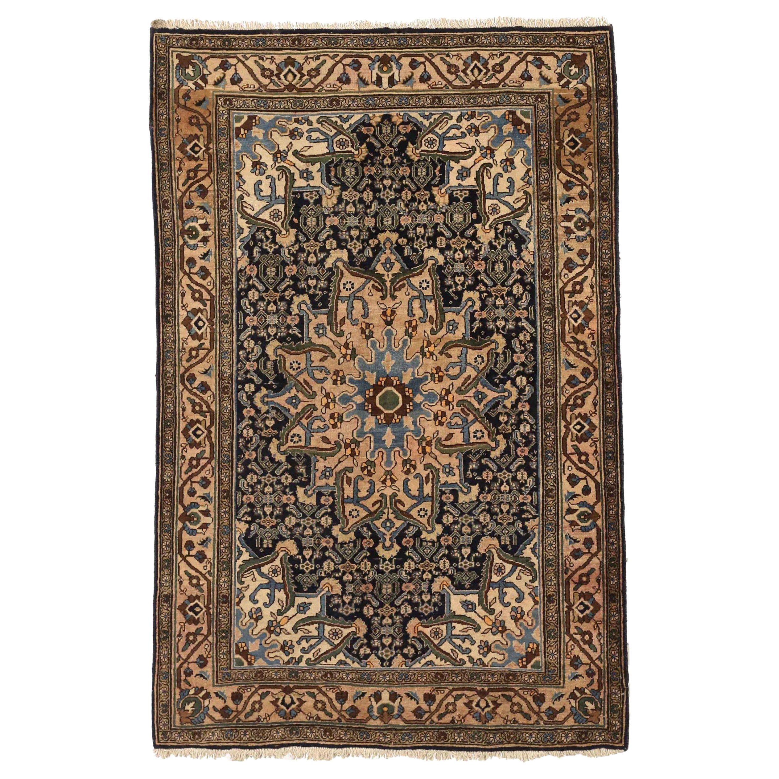 Persischer Bijar Kleiner Teppich - Wolle Elfenbein Marineblau Blau Rosa Design - 75076