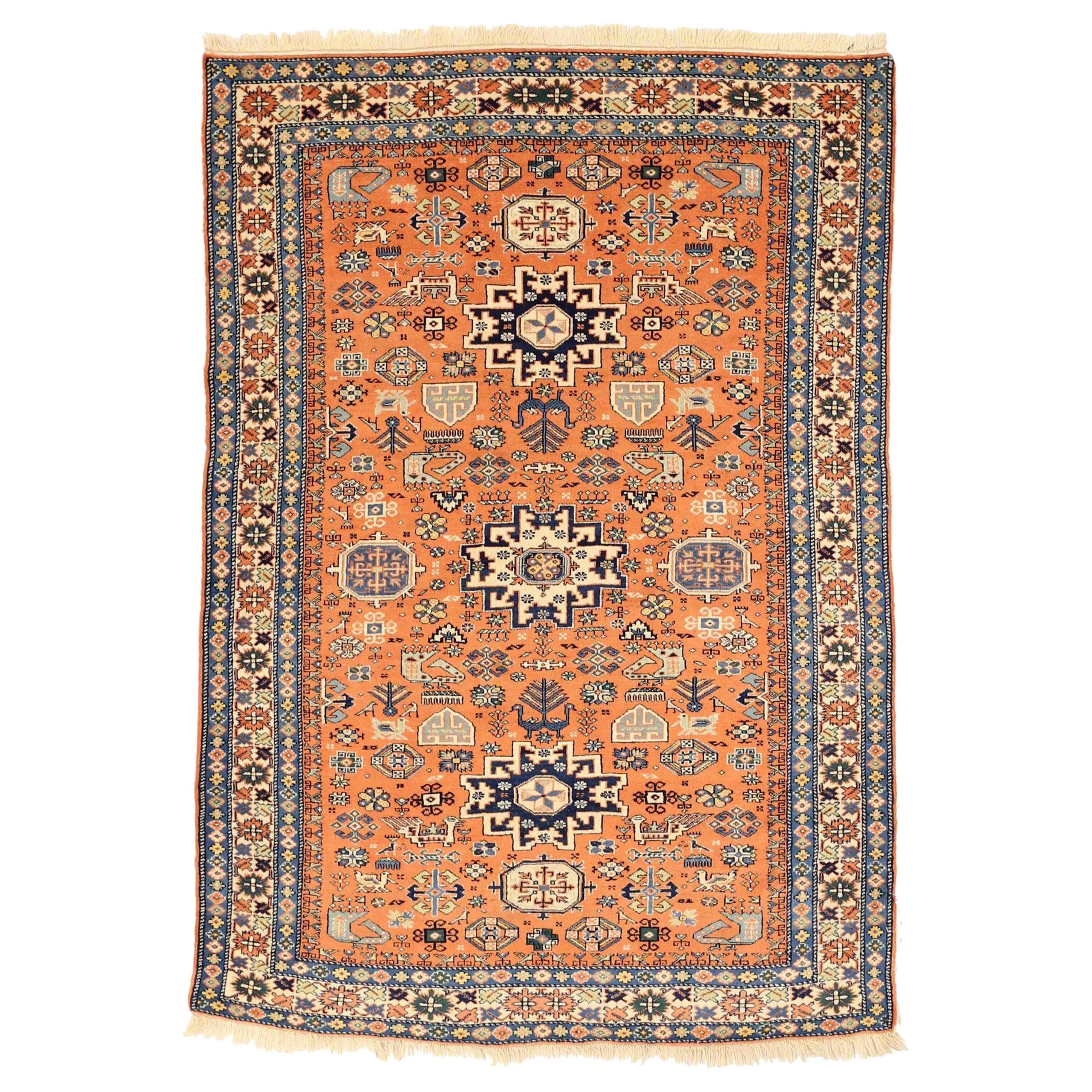 Petit tapis russe en laine bleu ivoire orange - 75049 en vente