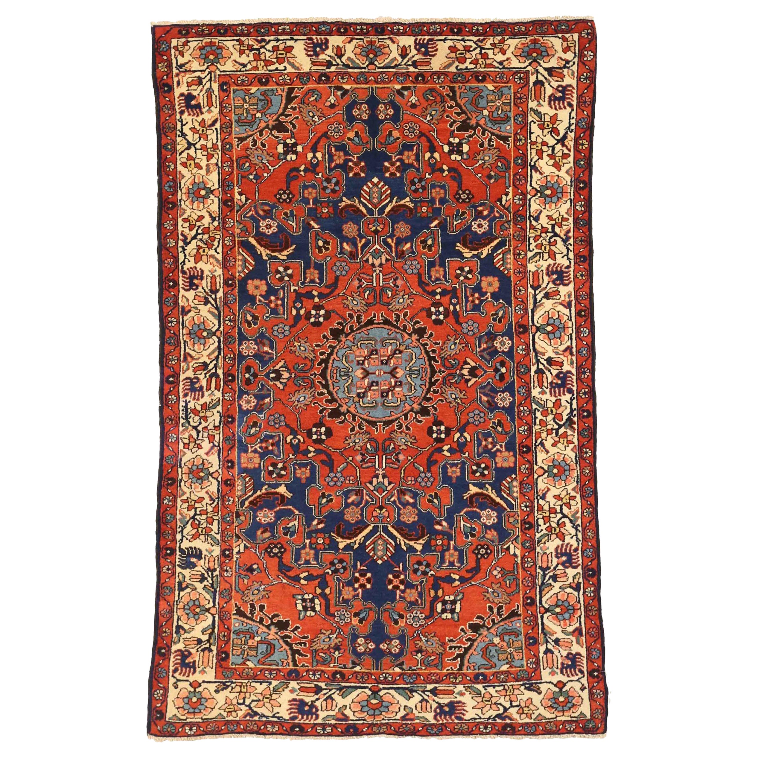 Persian Malayer Small Rug - Wool Blue Ivory Red Design - 75081 For Sale