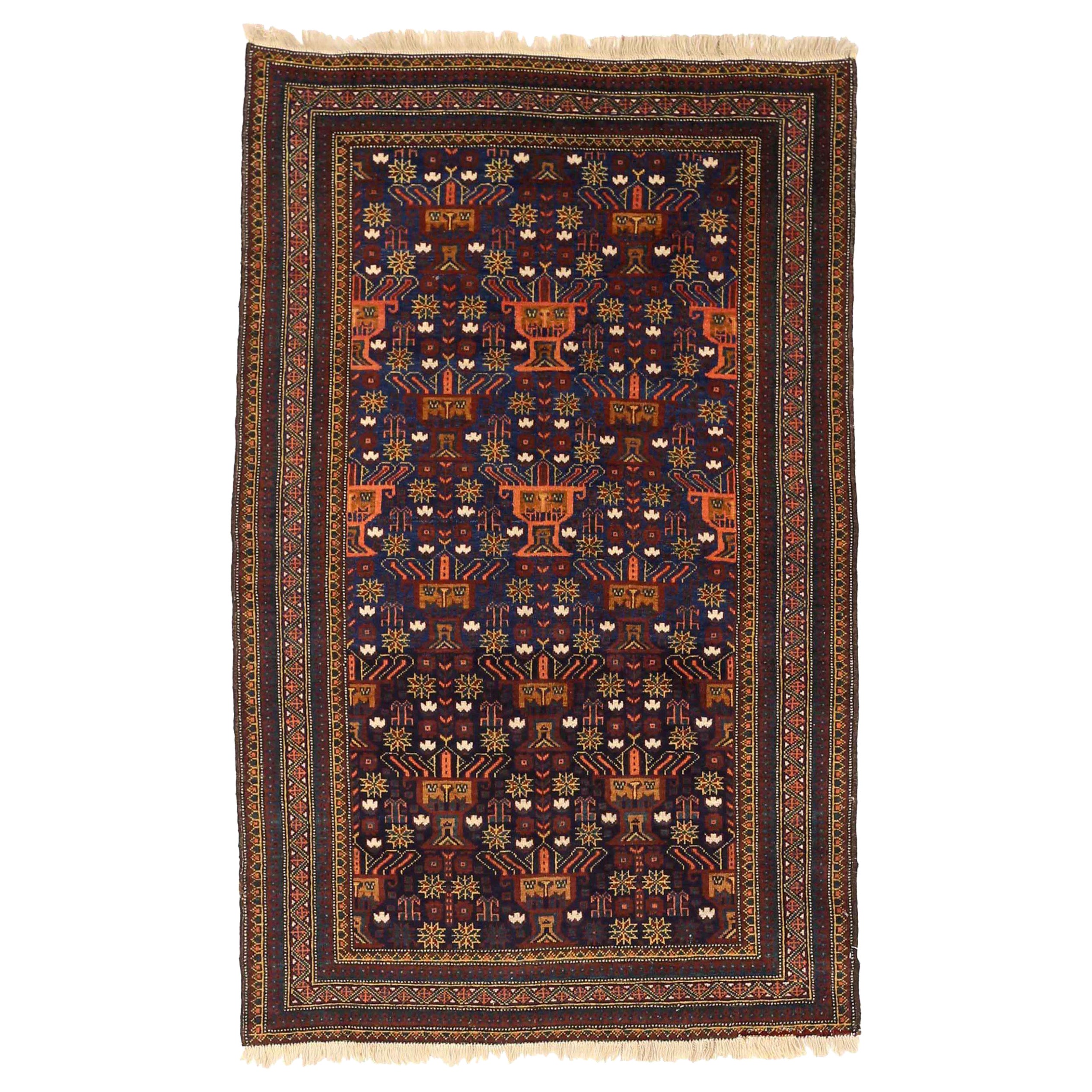 Persian Balouch Small Rug - Wool Navy Blue Orange Red Design - 75098