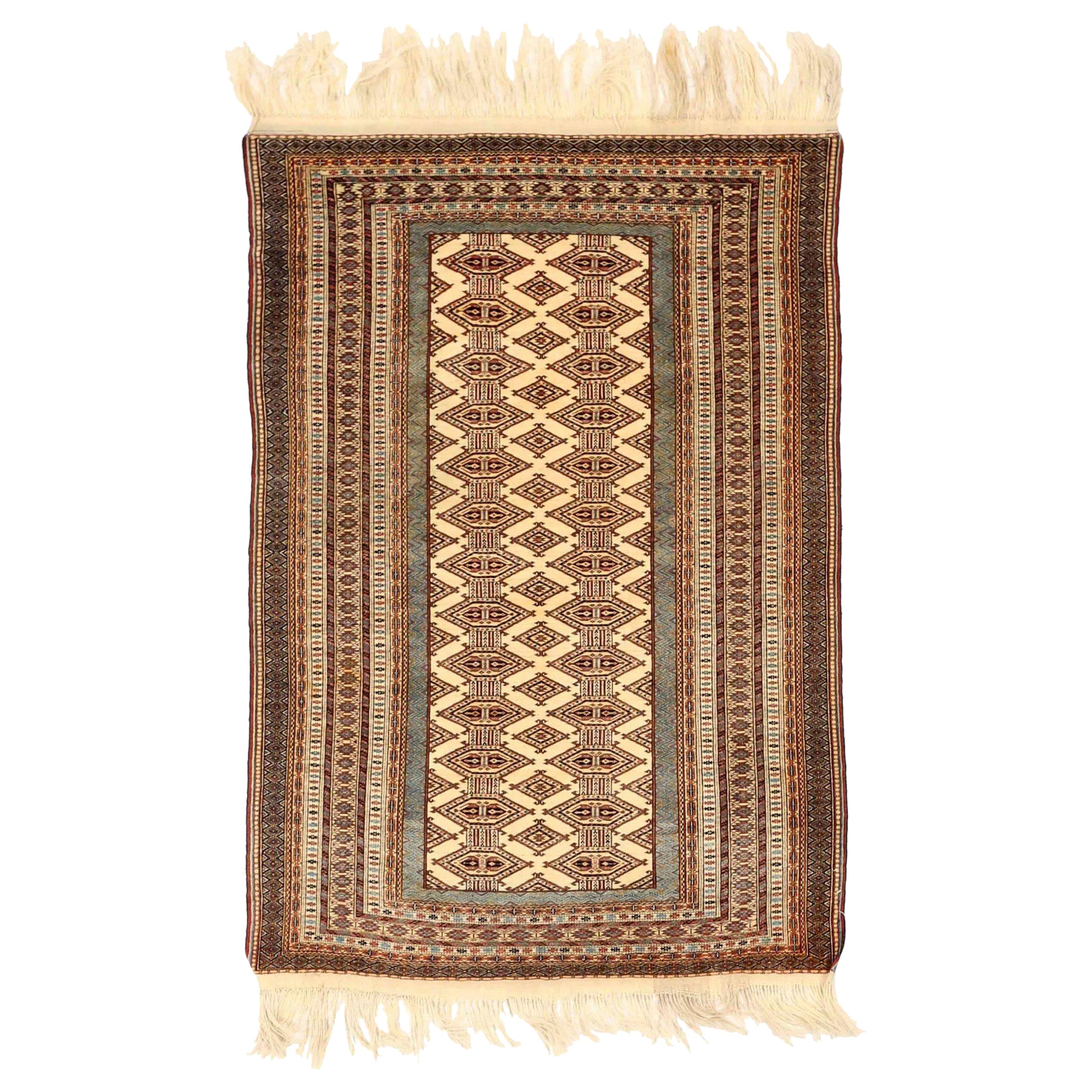 Alfombra Persa Turkeman Small - Lana Azul Marrón Diseño Marfil - 75059 en venta