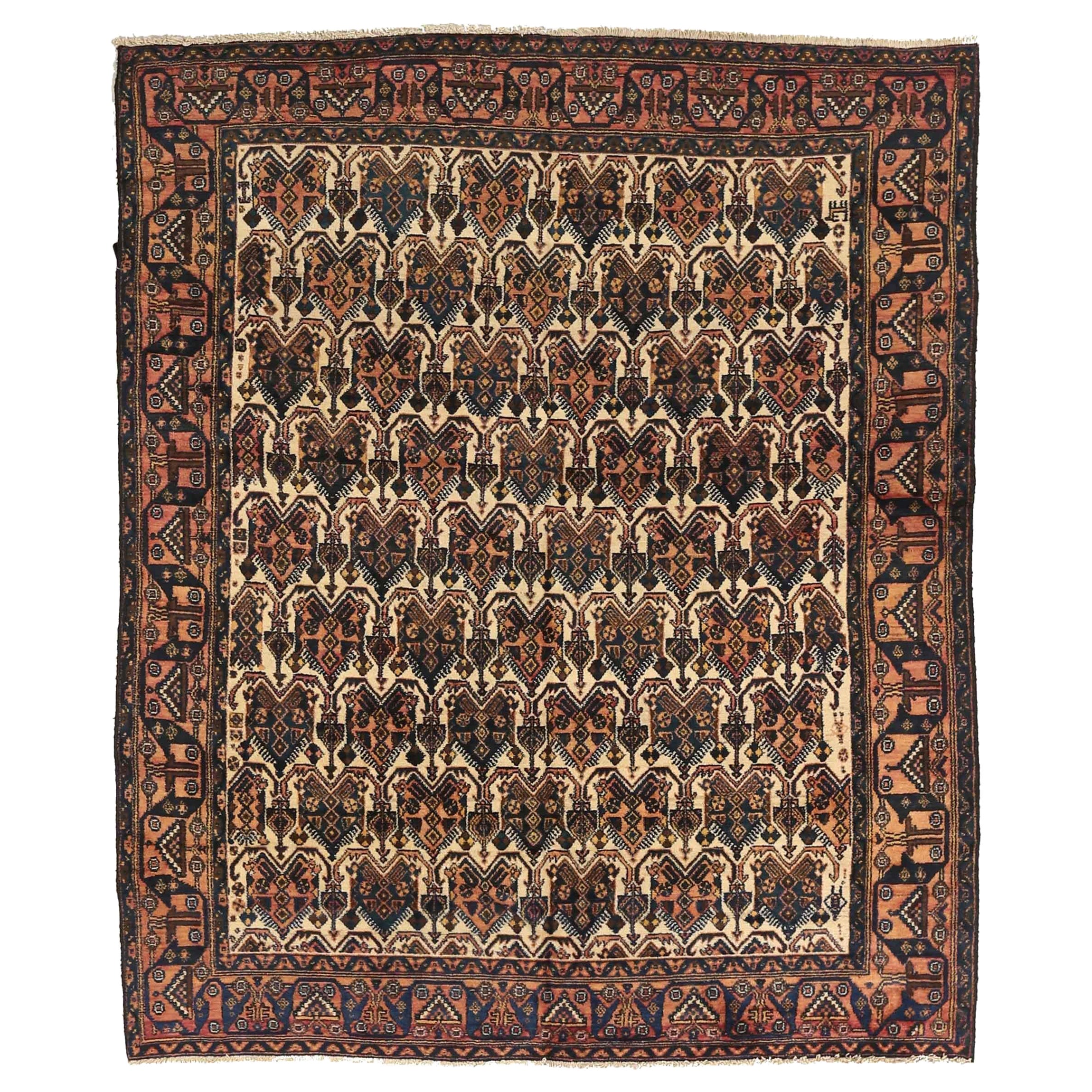 Persischer Sirjan Kleiner Teppich - Wolle Elfenbein Marineblau Blau Rot Design - 75060