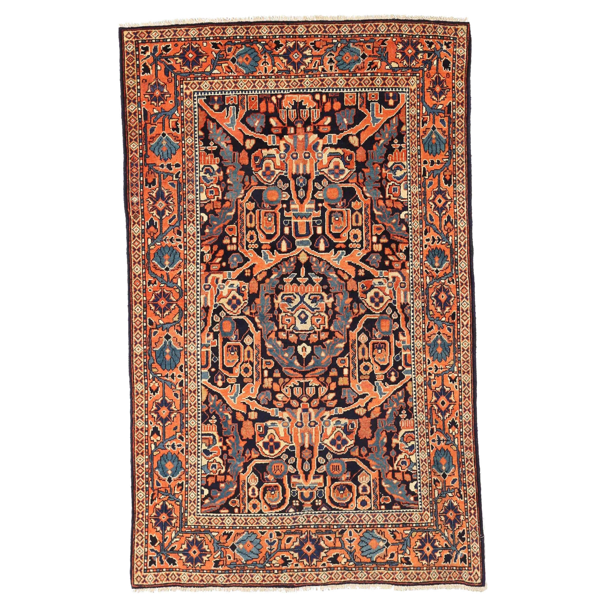 Alfombra Persa Mahal Small - Lana Marfil Azul Marino Naranja Design - 75088 en venta