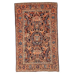 Vintage Persian Mahal Small Rug - Wool Ivory Navy Blue Orange Design - 75088