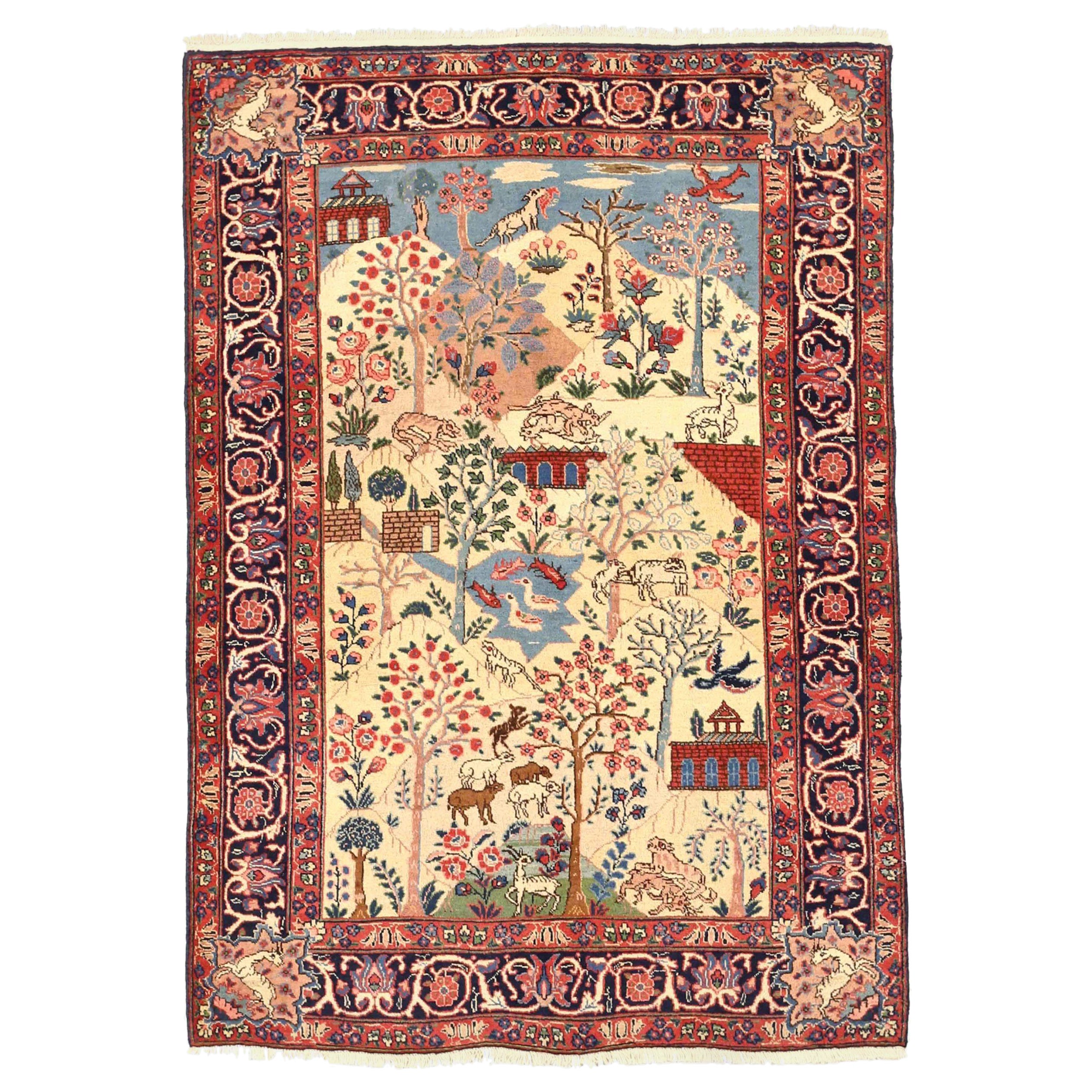Persian Tabriz Small Rug Circa 1910 - Wool Blue Ivory Navy Blue Red - 75094