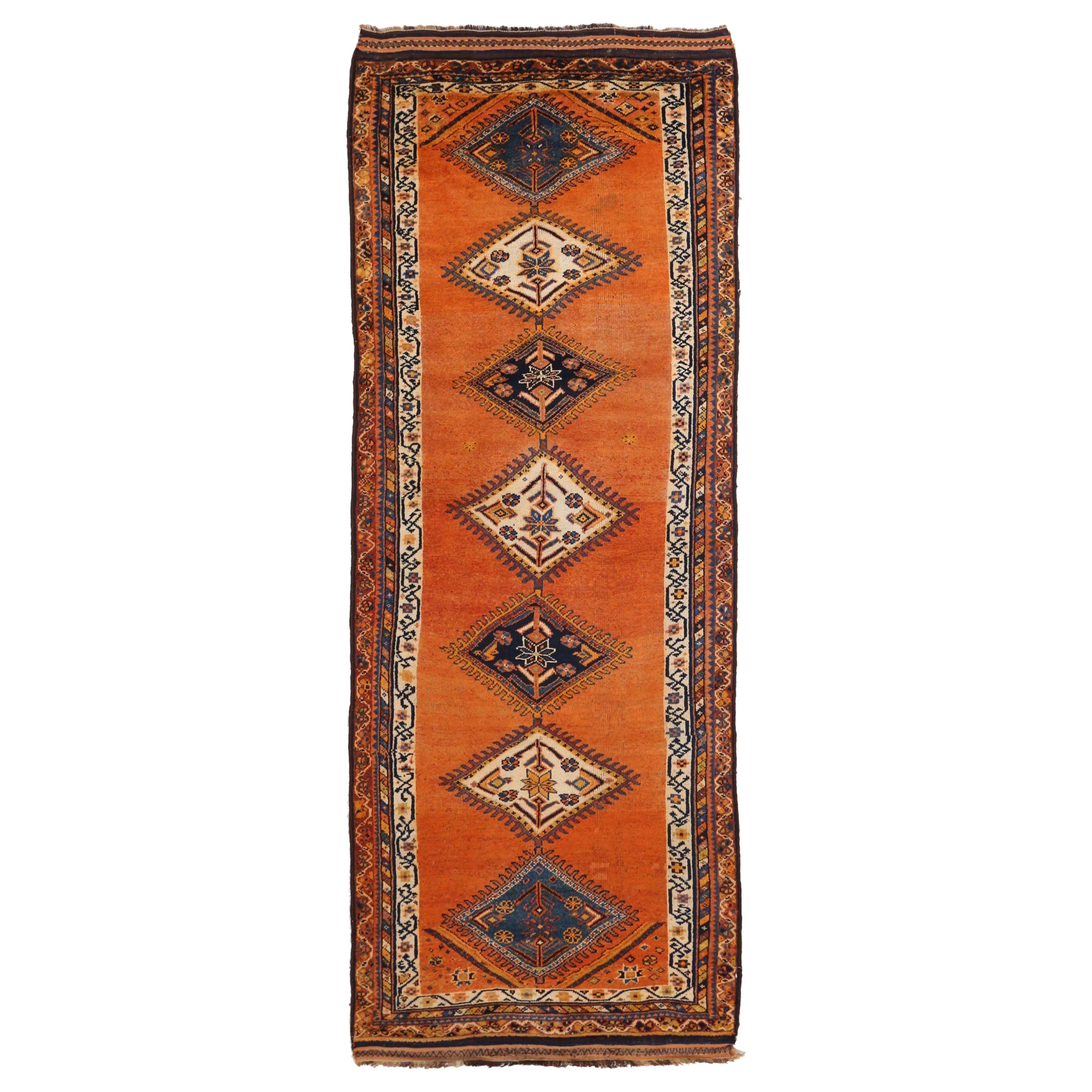 Tapis de course persan Gabbeh - Laine ivoire bleu marine bleu orange - 75154 en vente