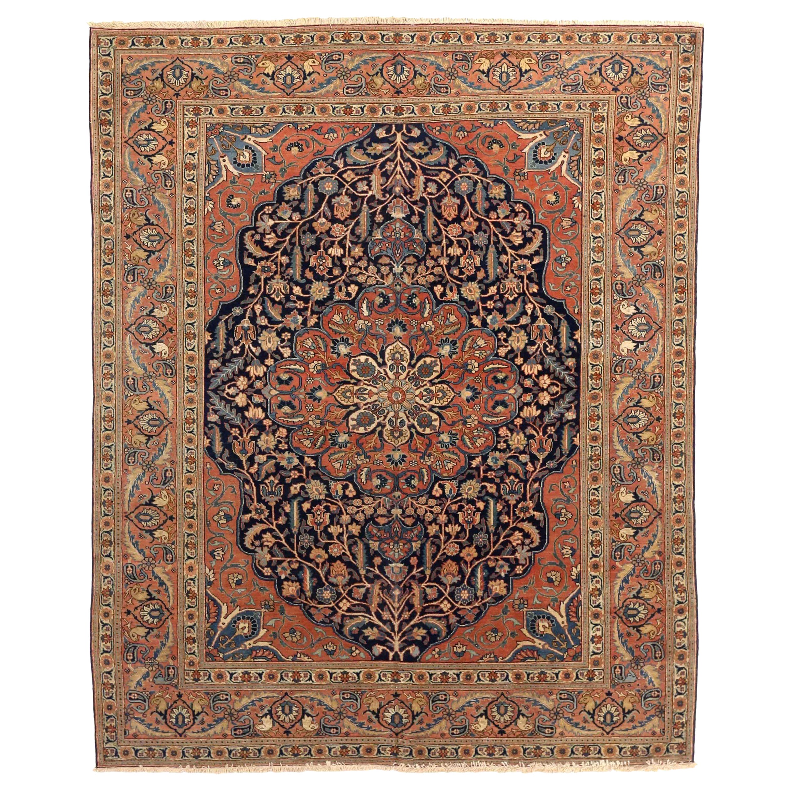 Alfombras Persas Tabriz - Lana Marfil Azul Marino Diseño Rojo - 75138