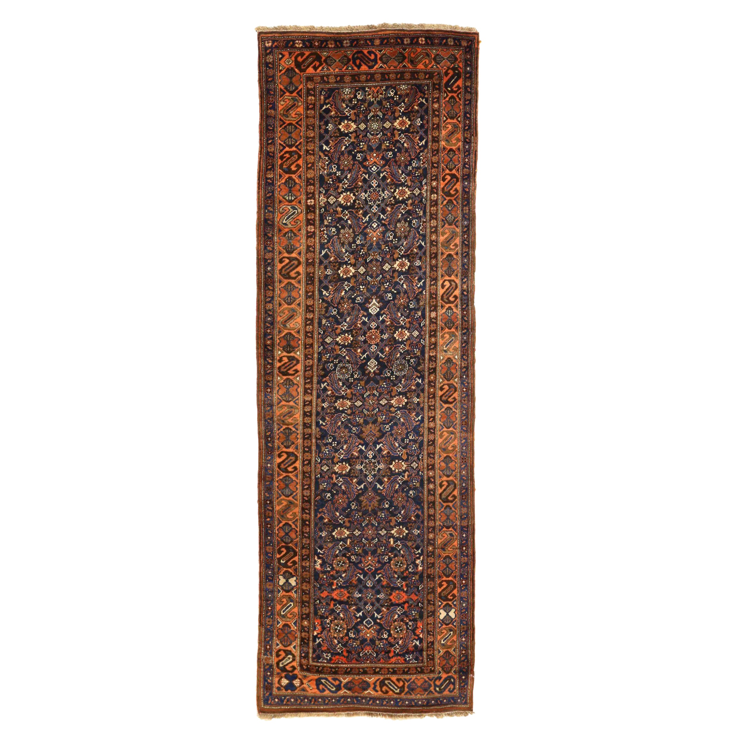 Persischer Bijar-Läufer aus Wolle in Marineblau, Orange und Rot mit Design - 75145