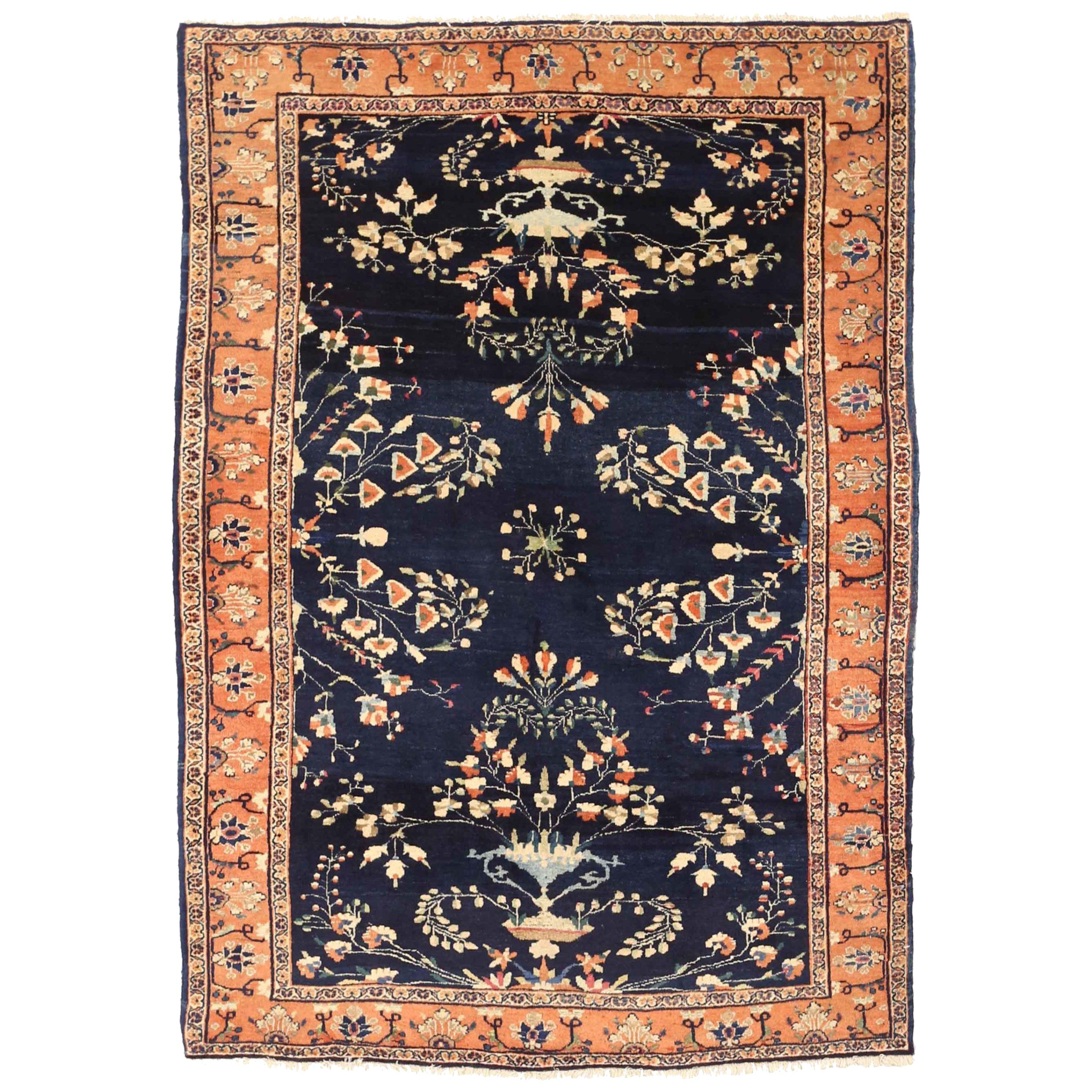 Alfombra Persa Farahan Small - Lana Marfil Azul Marino Diseño Rosa - 75172