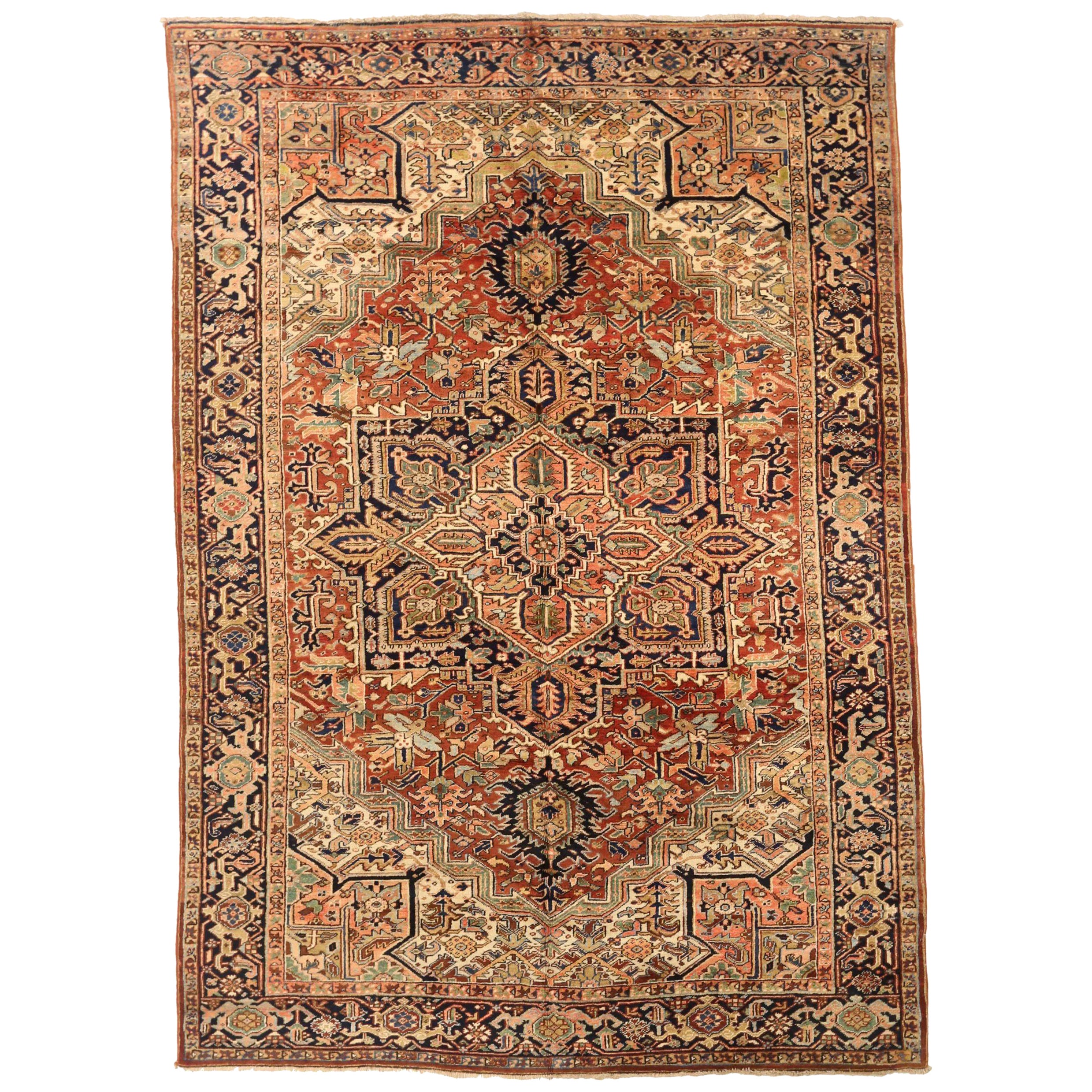 Tapis Persan Heriz Circa 1910 - Laine Ivoire Bleu Marine Rose Rouge - 75217