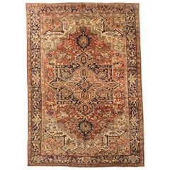 Tapis Persan Heriz Circa 1910 - Laine Ivoire Bleu Marine Rose Rouge - 75217