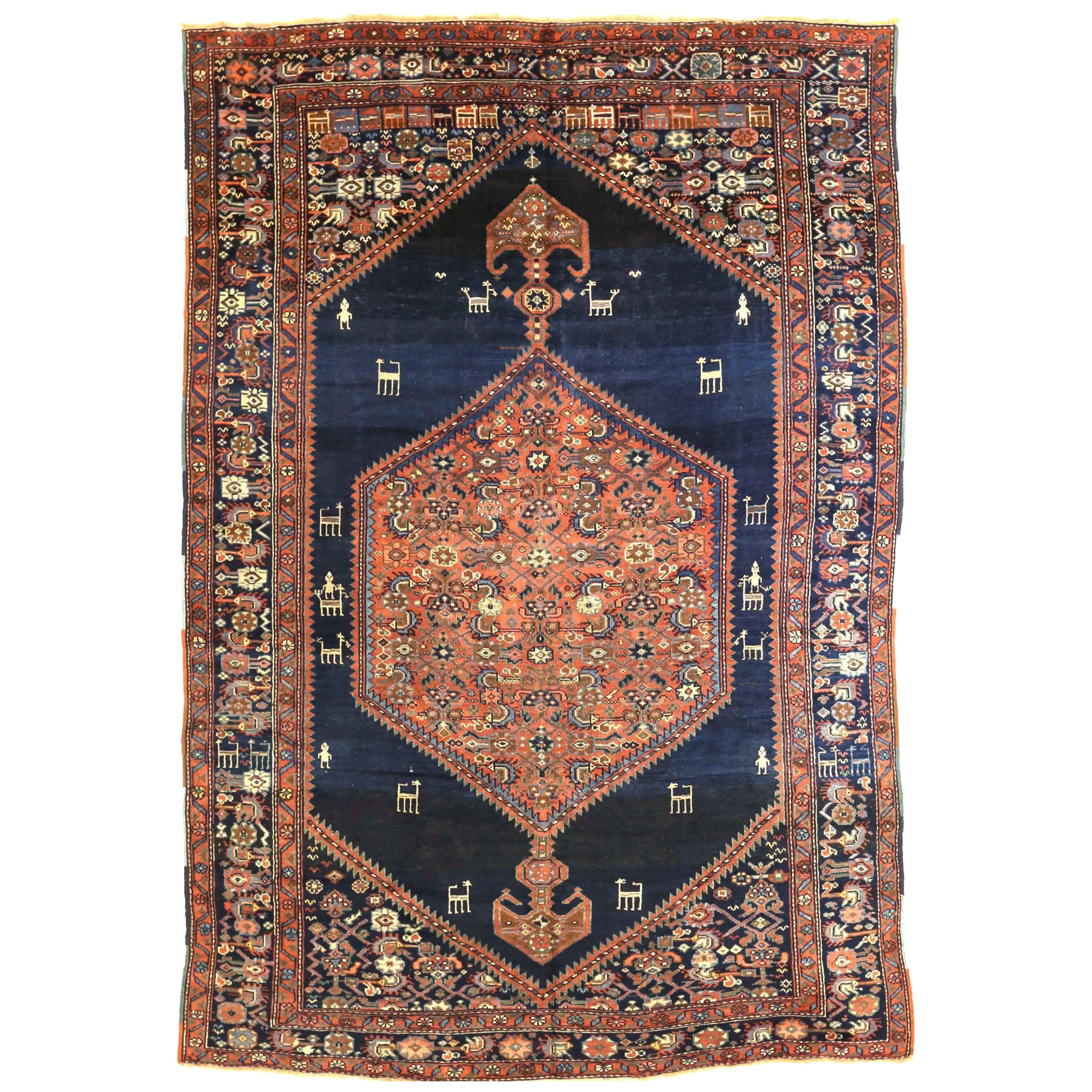 Alfombras Persas Kurdas - Lana Marfil Azul Marino Diseño Rojo - 75220