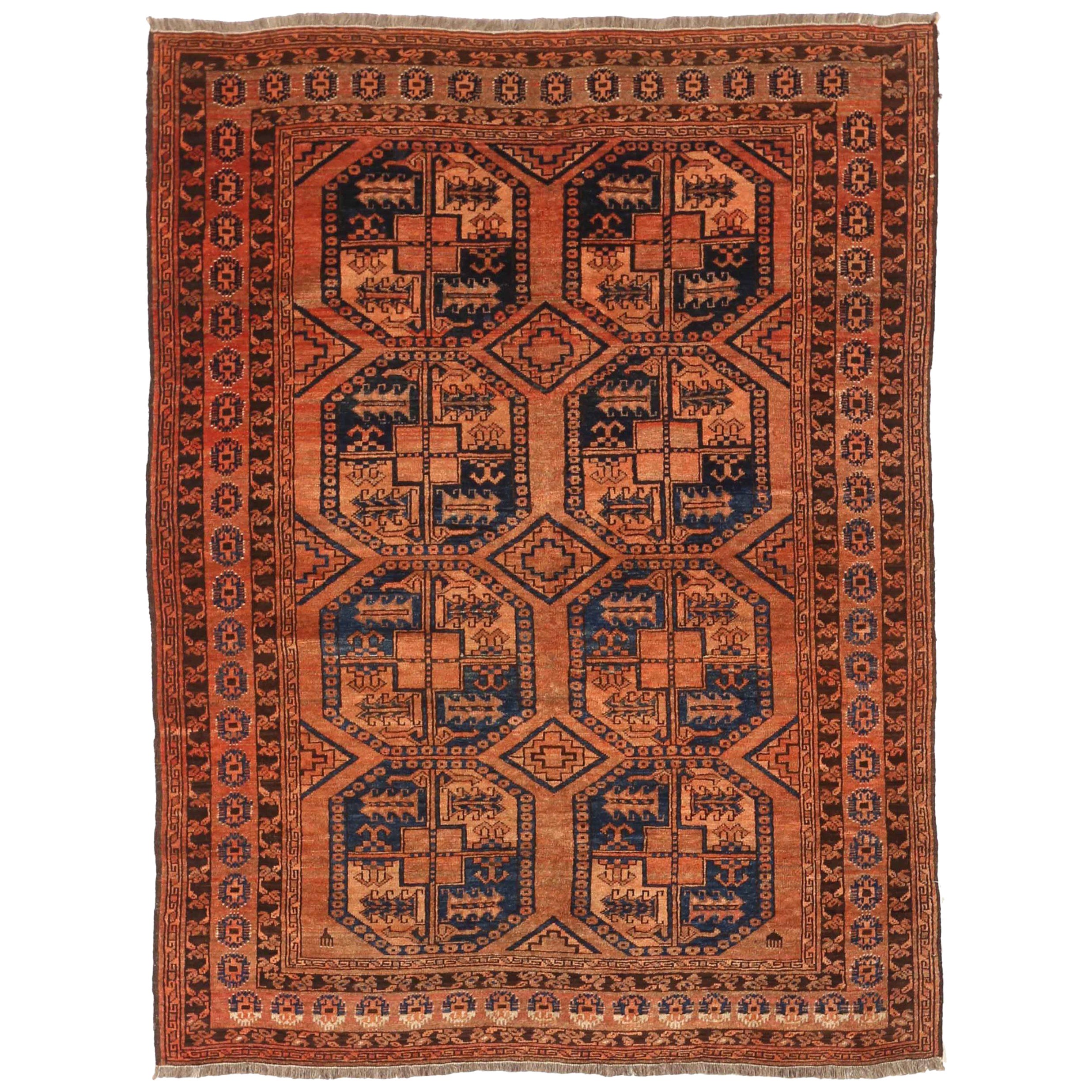 Petit tapis Bashir d'Afghanistan datant d'environ 1910 - Laine bleu marine rouge motif - 75176