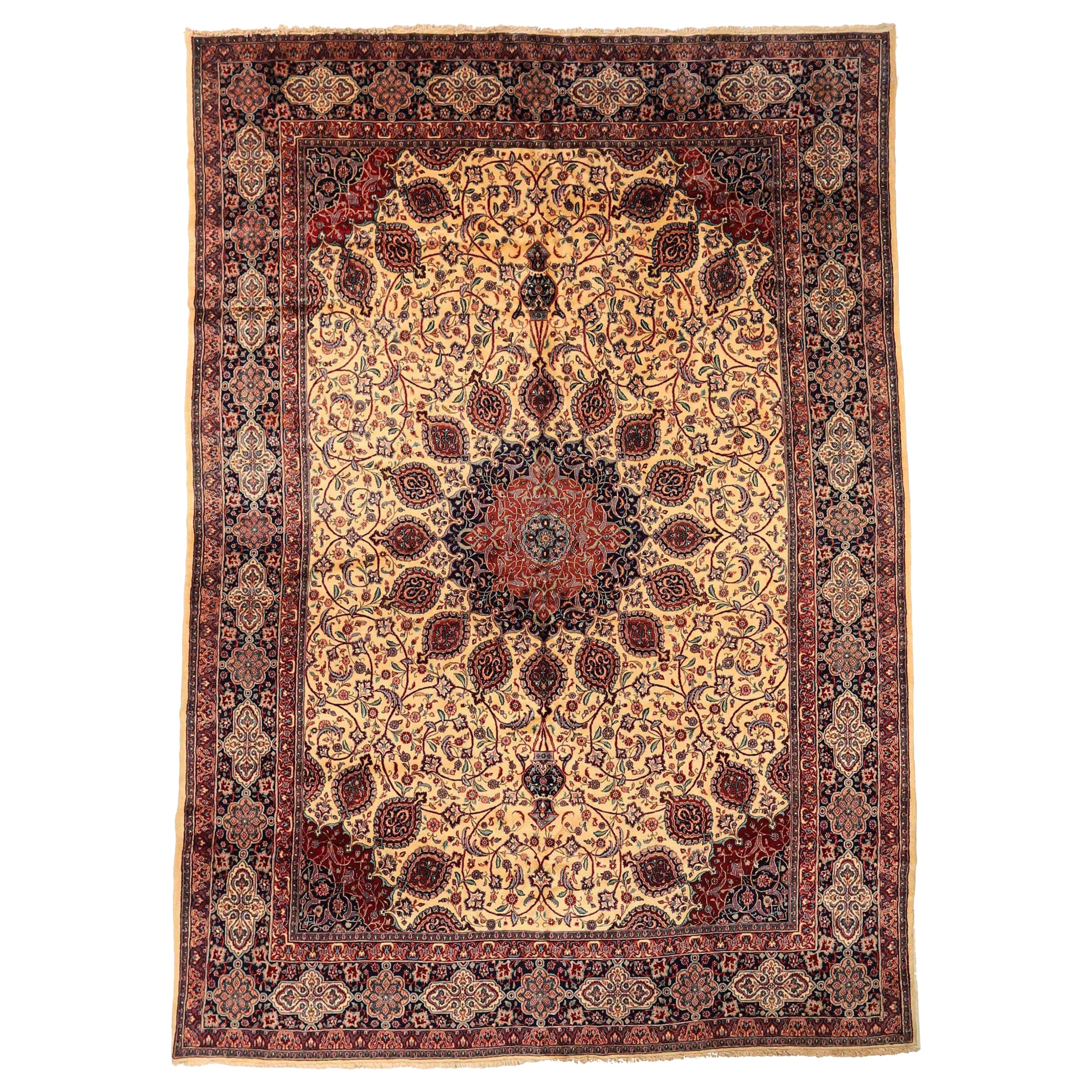 Persische Hamadan Bereich Teppiche CIRCA 1940 - Wolle Marineblau Rot Gelb Design - 75225