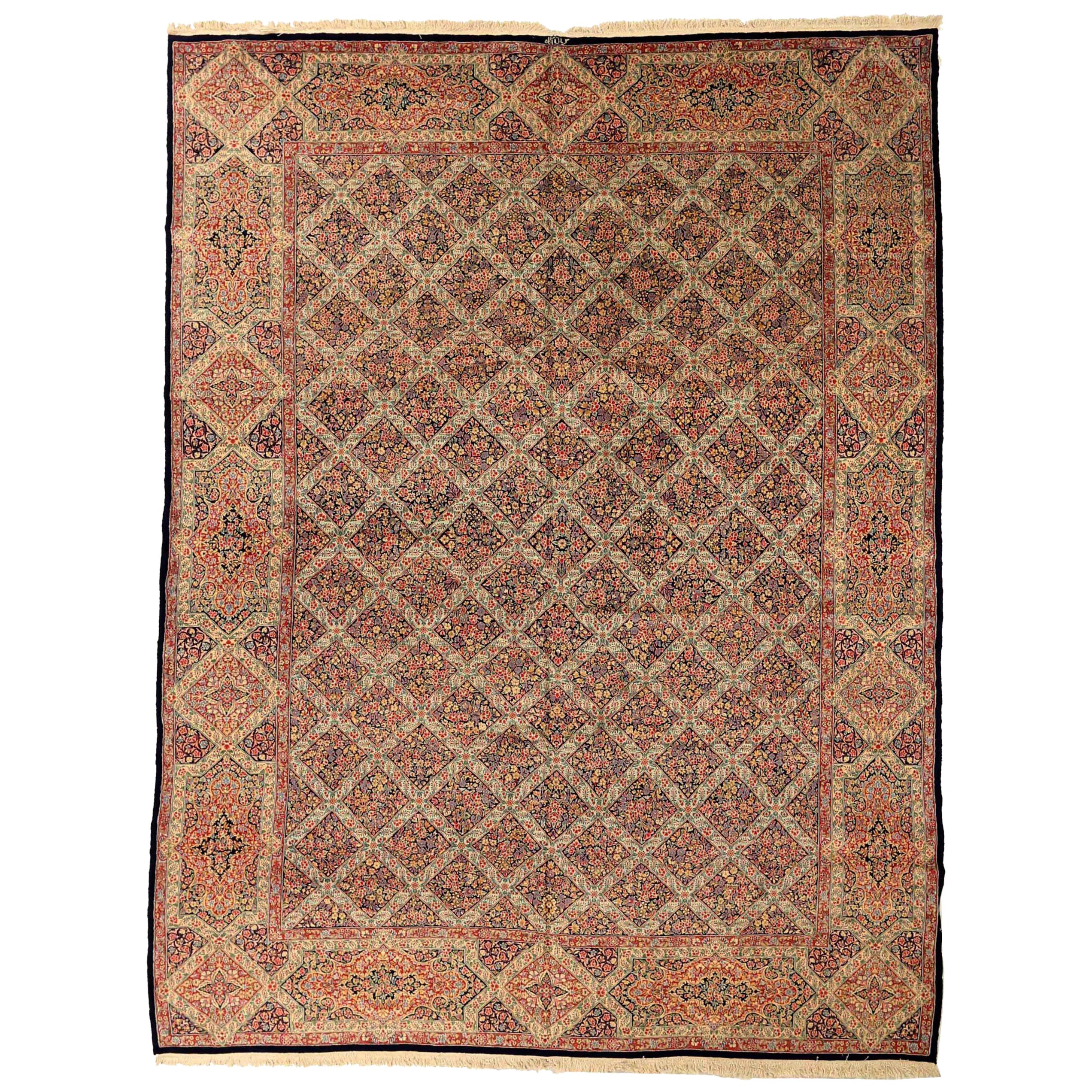 Tapis persan Kerman Circa 1910 - Laine Ivoire Bleu Marine Rouge Design - 75230