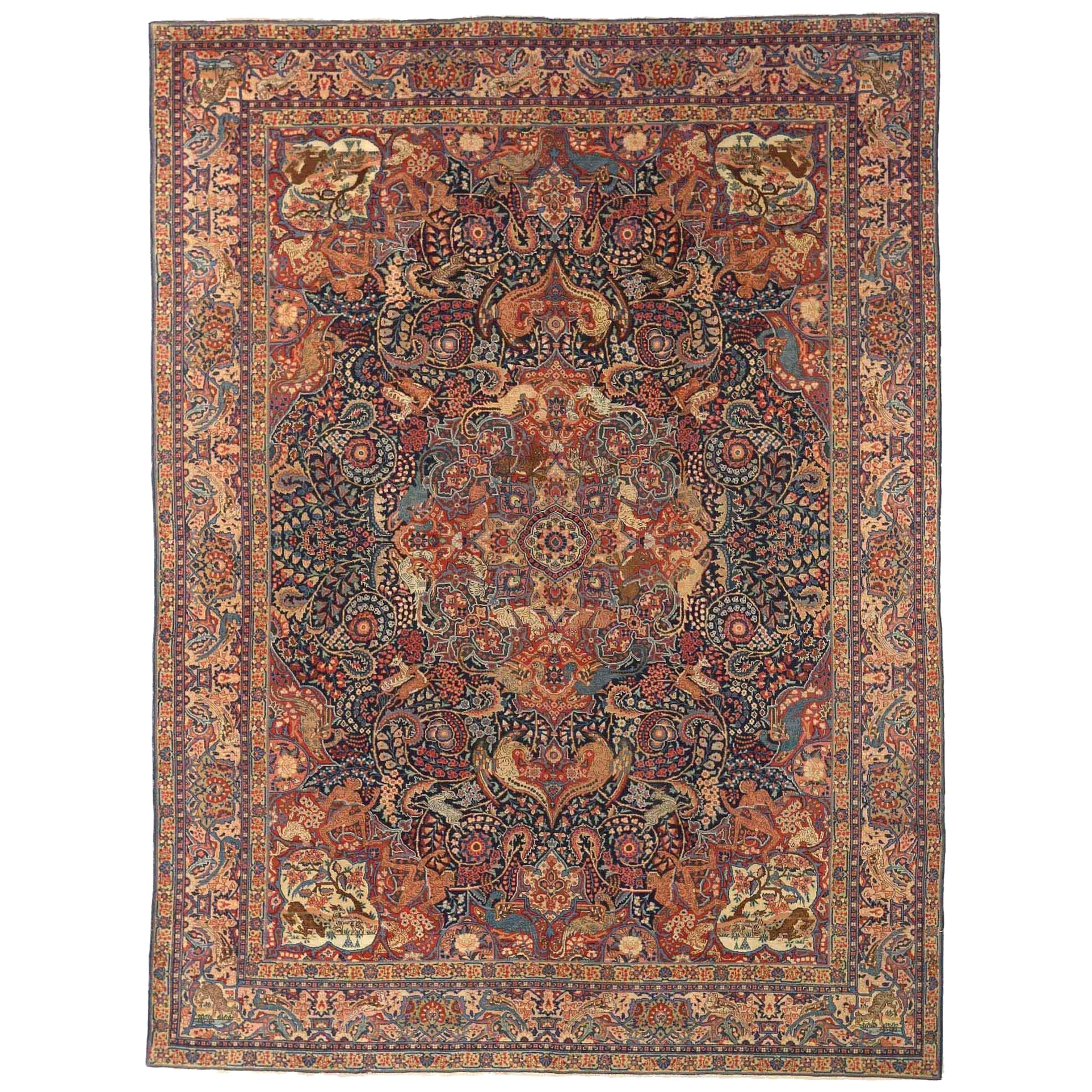Alfombras Persas Tabriz Circa 1880 - Lana Marfil Azul Marino Diseño Rojo - 75234 en venta