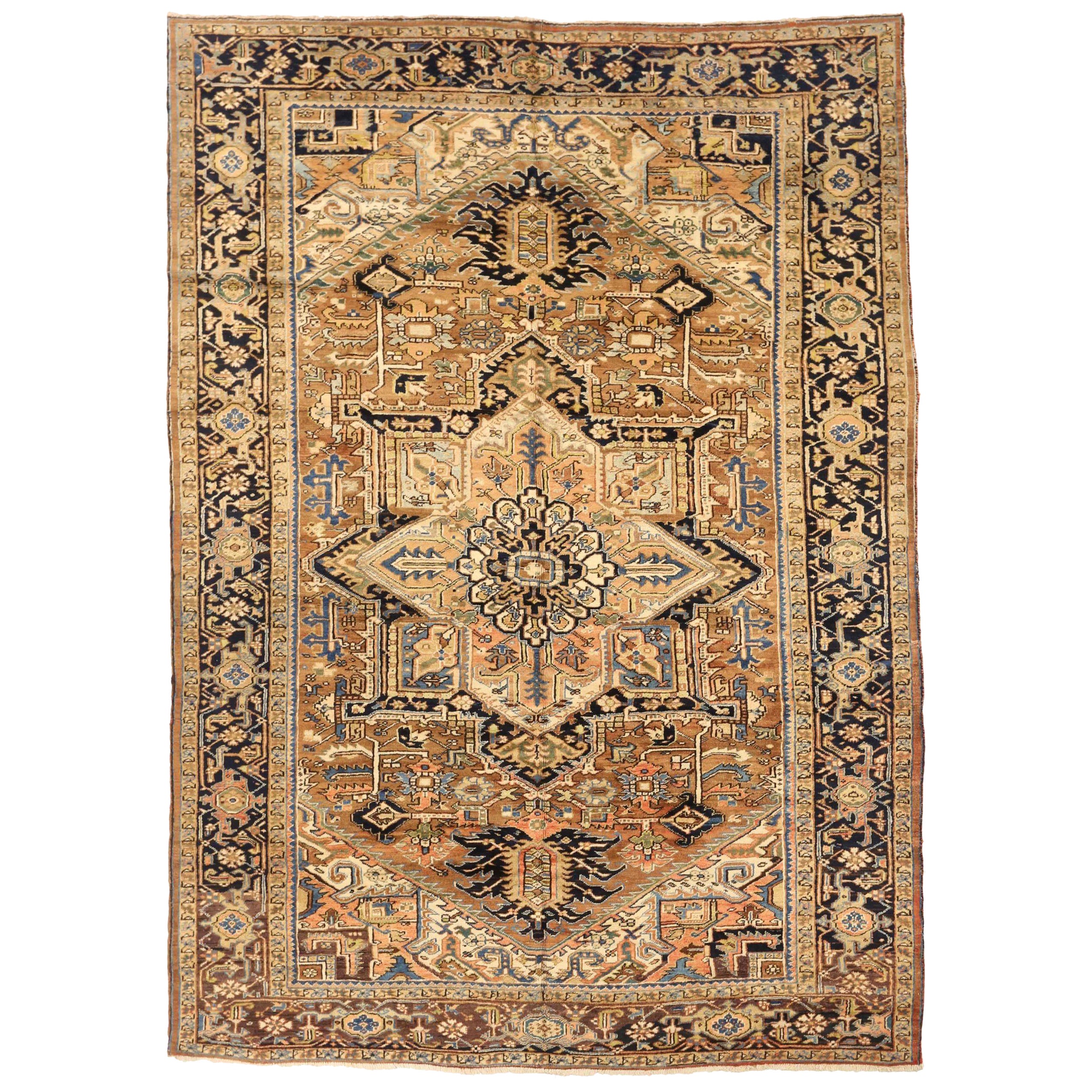 Tapis persan Heriz Circa 1910 - Laine Brown Ivoire Bleu marine Rose - 75205