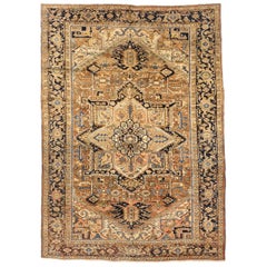 Tapis persan Heriz Circa 1910 - Laine Brown Ivoire Bleu marine Rose - 75205