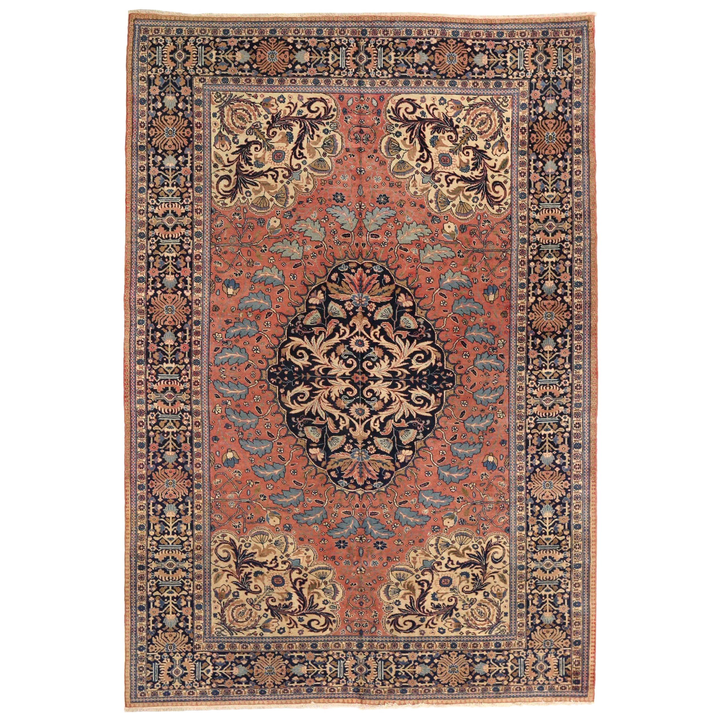 Tappeti persiani Tabriz Circa 1910 - Lana Avorio Blu Navy Rosa Design - 75210