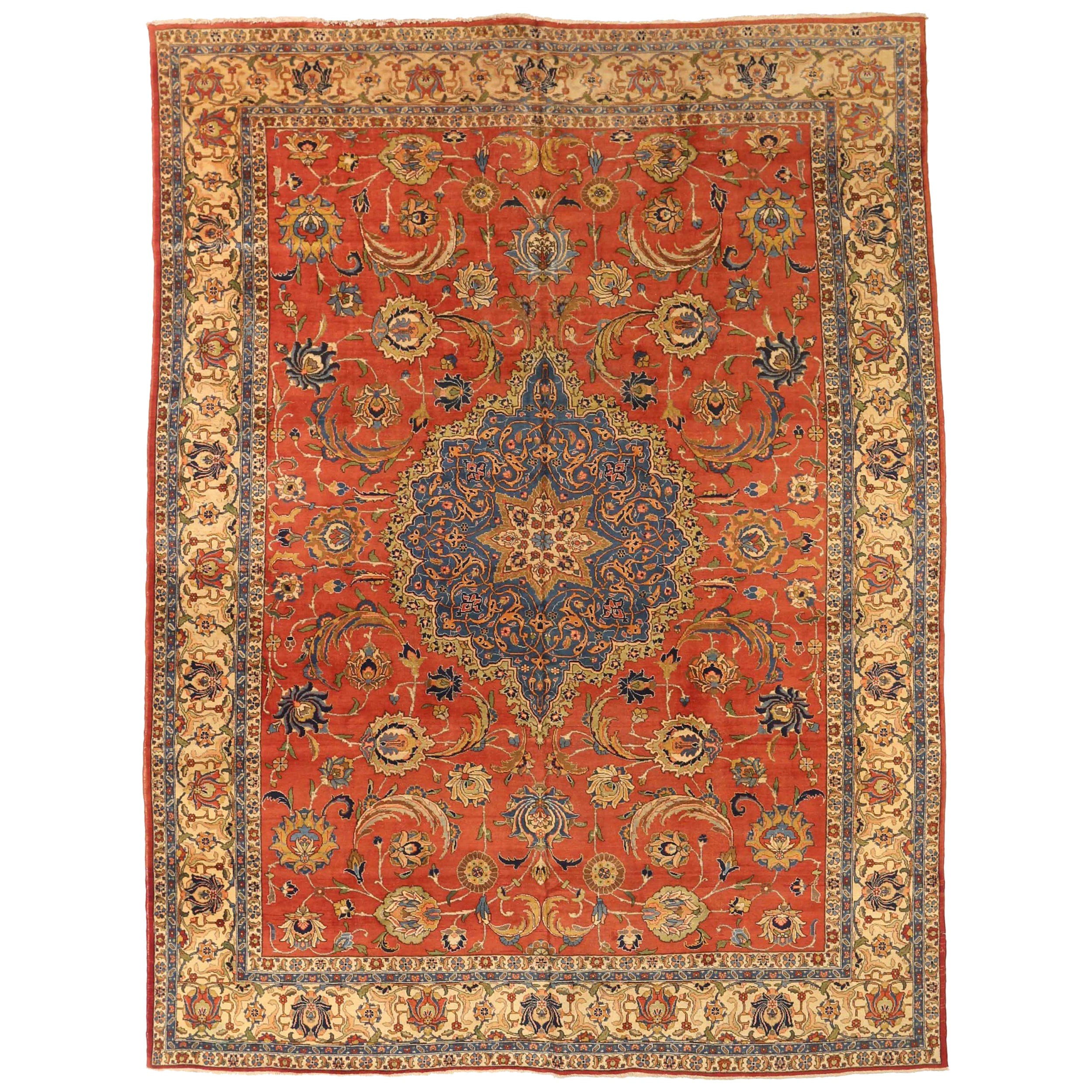 Persian Tabriz Area Rugs Circa 1910 - Wool Blue Ivory Red Design - 75241