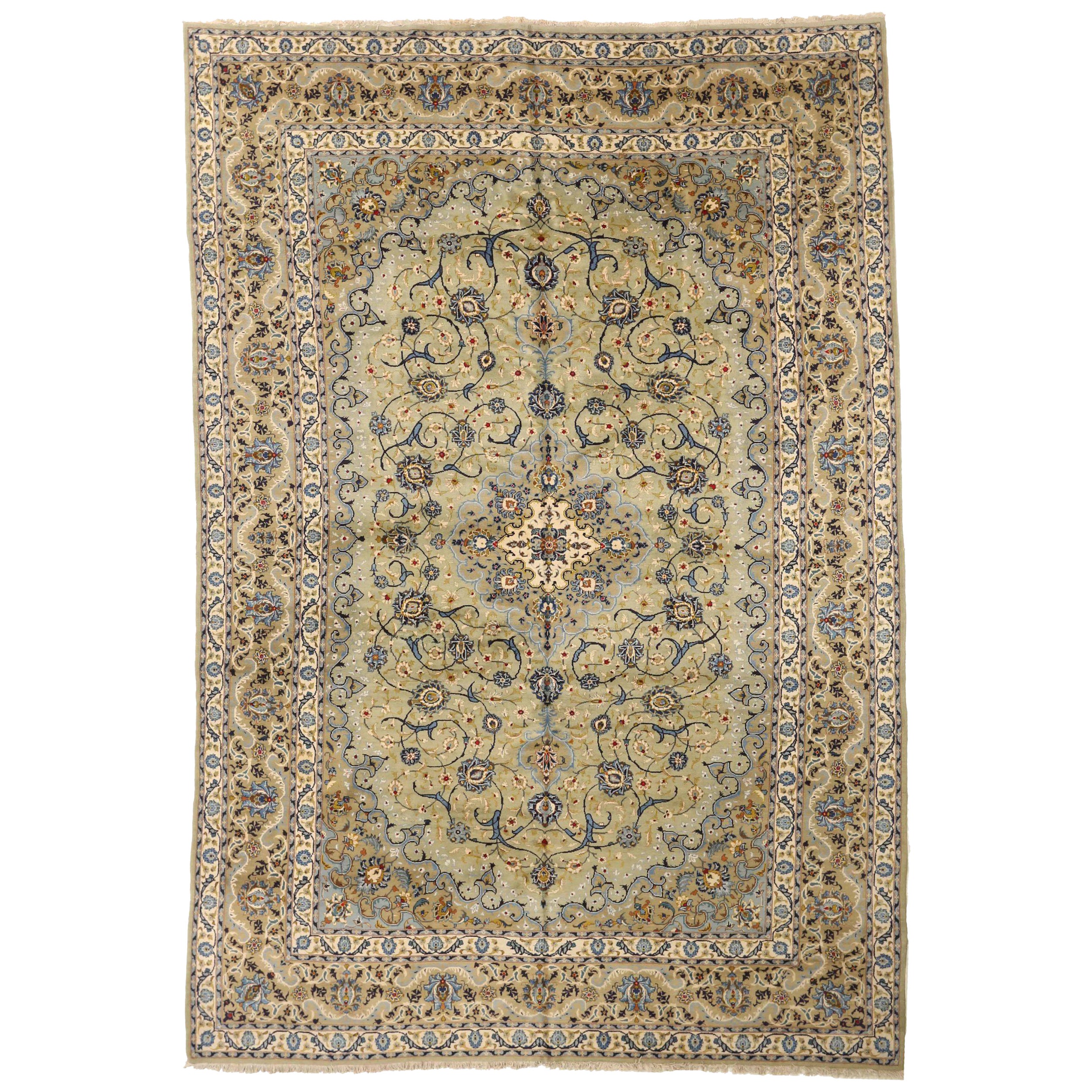 Tapis persans de Kashan datant d'environ 1940, motif en laine bleu vert ivoire - 75242 en vente