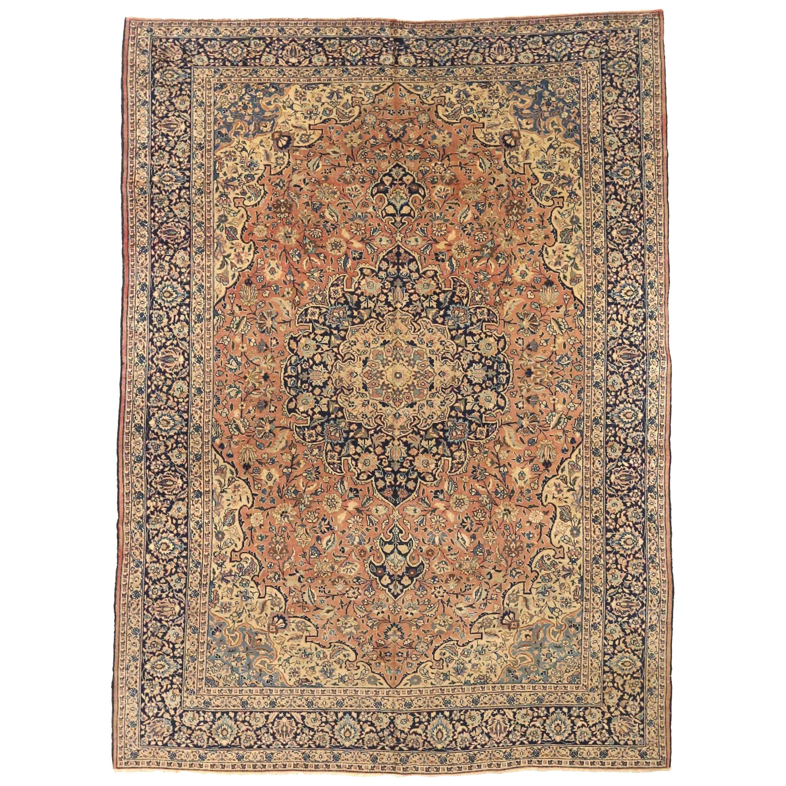 Persische Täbris-Teppiche um 1910 - Wolle Elfenbein Marineblau Rosa Design - 75244