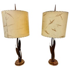 Lampade da tavolo in noce moderne del metà secolo con paralumi originali - Set di 2