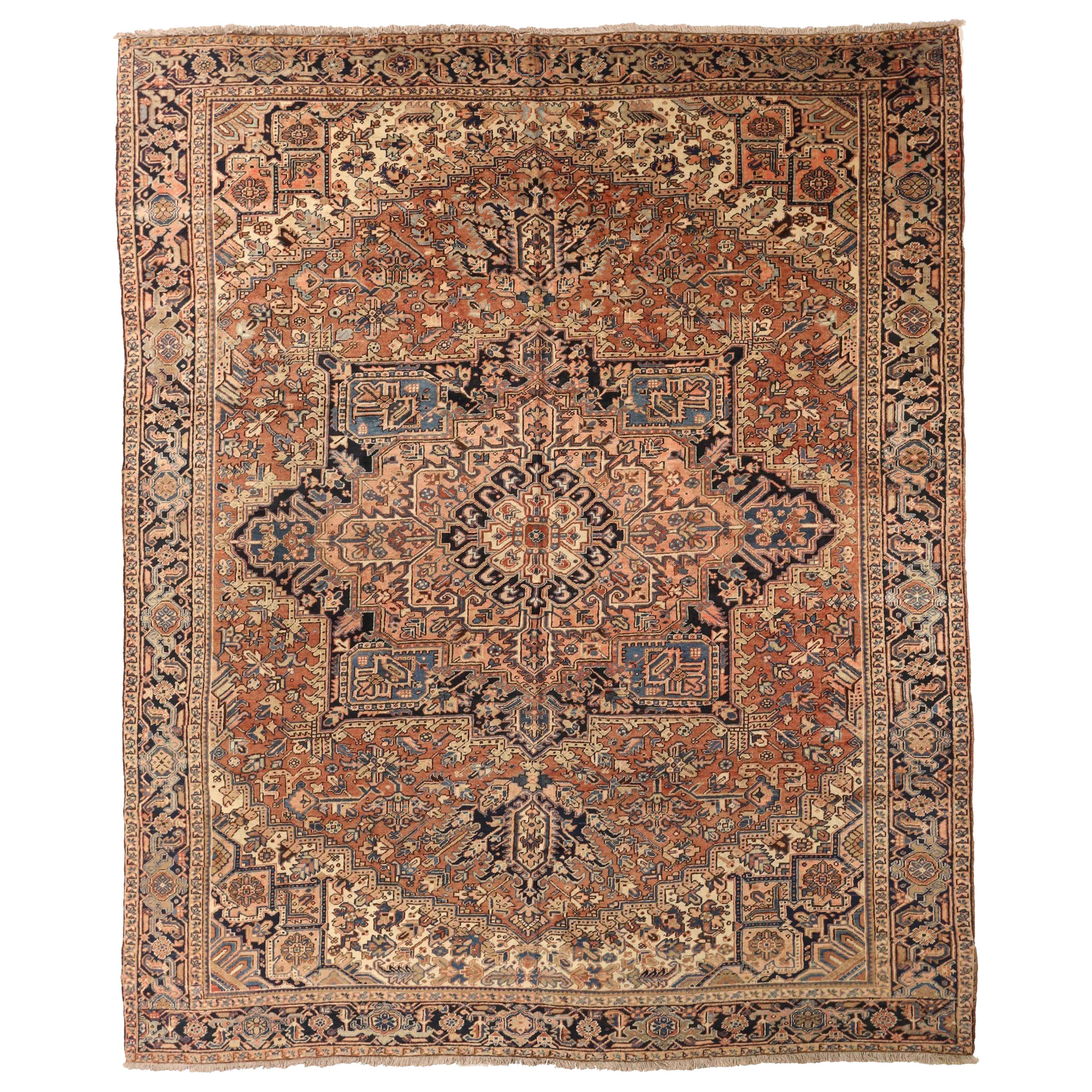 Tapis persans Heriz - Laine ivoire bleu marine bleu rouge motif rouge - 75320