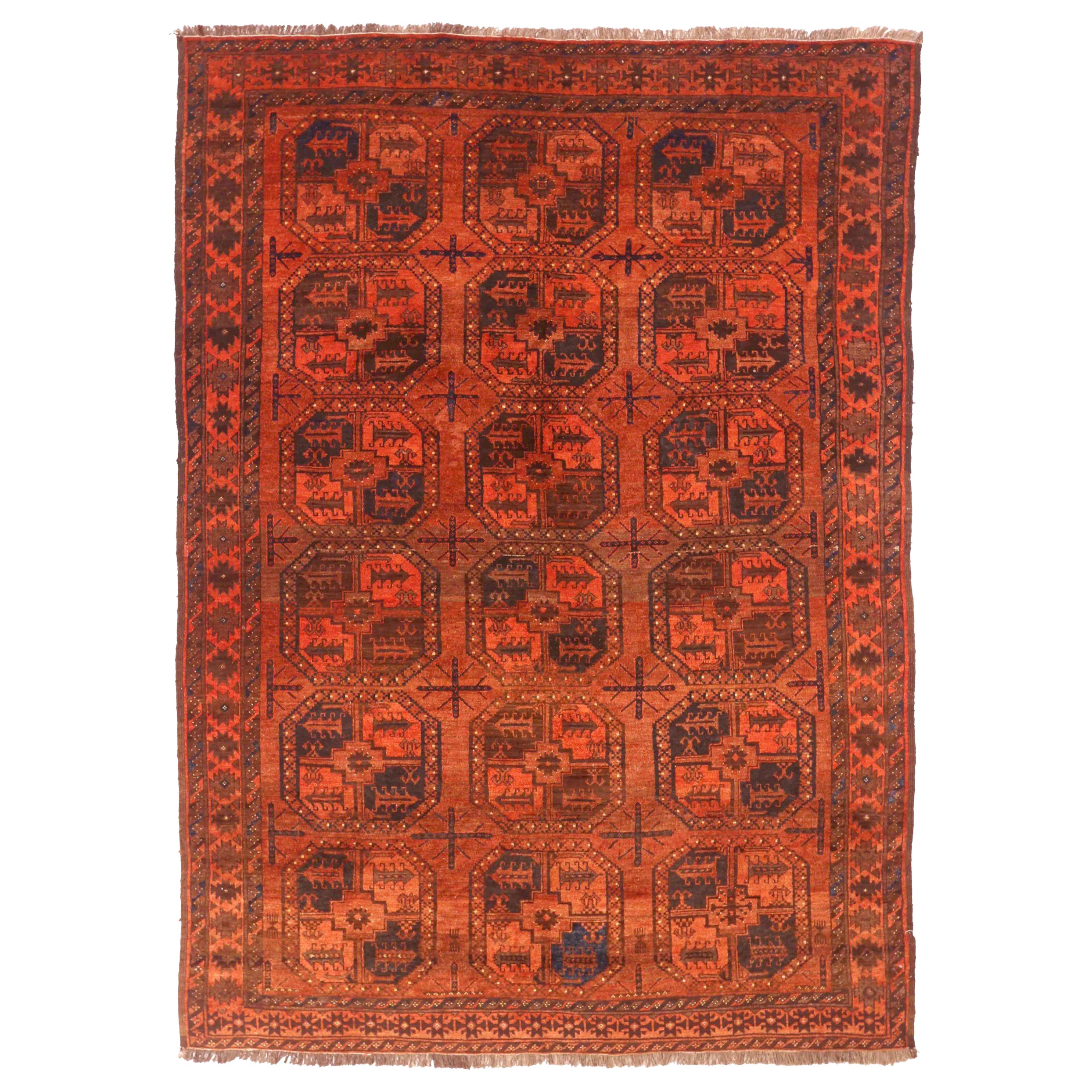 Tapis afghans d'Afghanistan datant d'environ 1910 - Laine bleu marine orange rouge - 75245