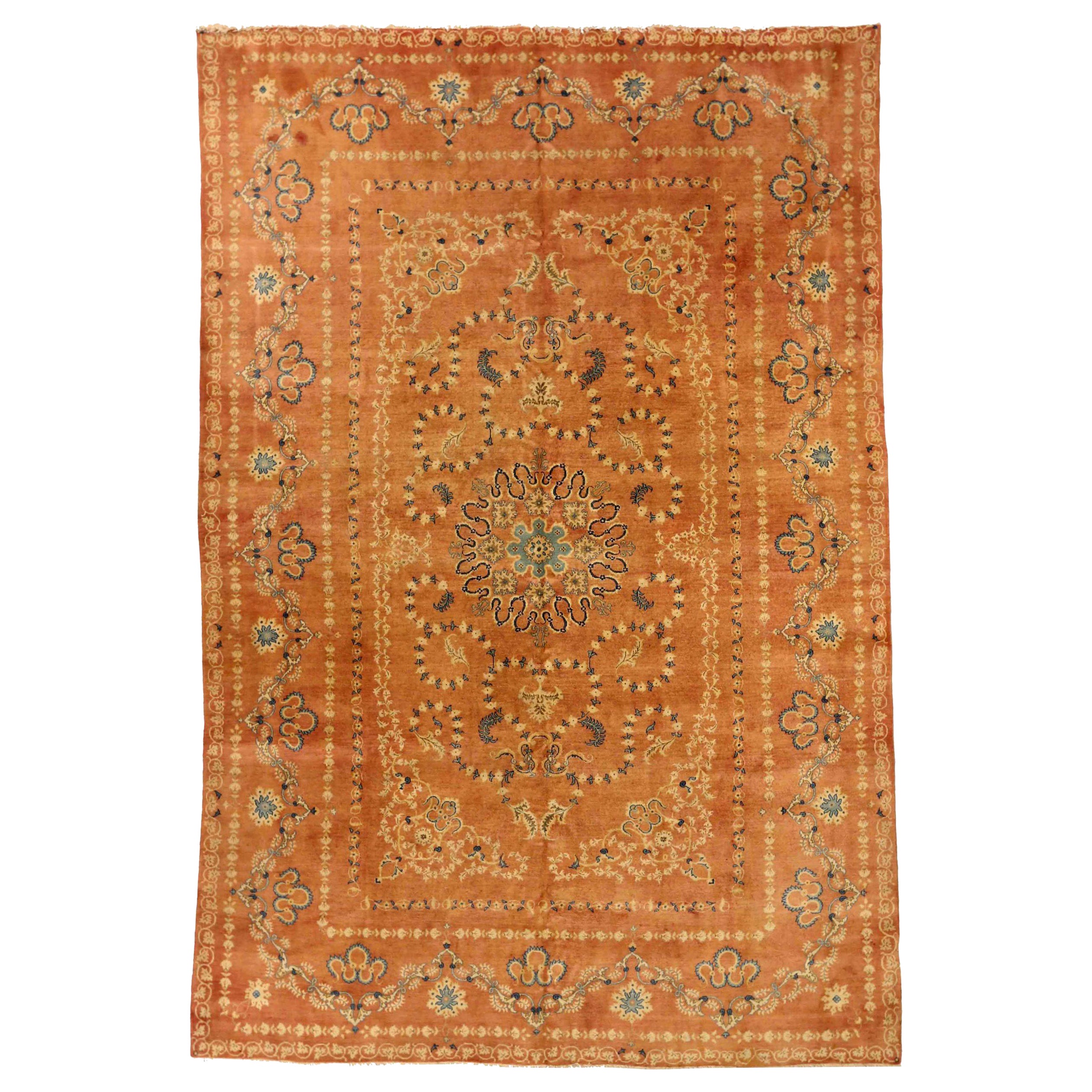 Tapis persans de Kashan datant d'environ 1940, motif en laine ivoire orange - 75246
