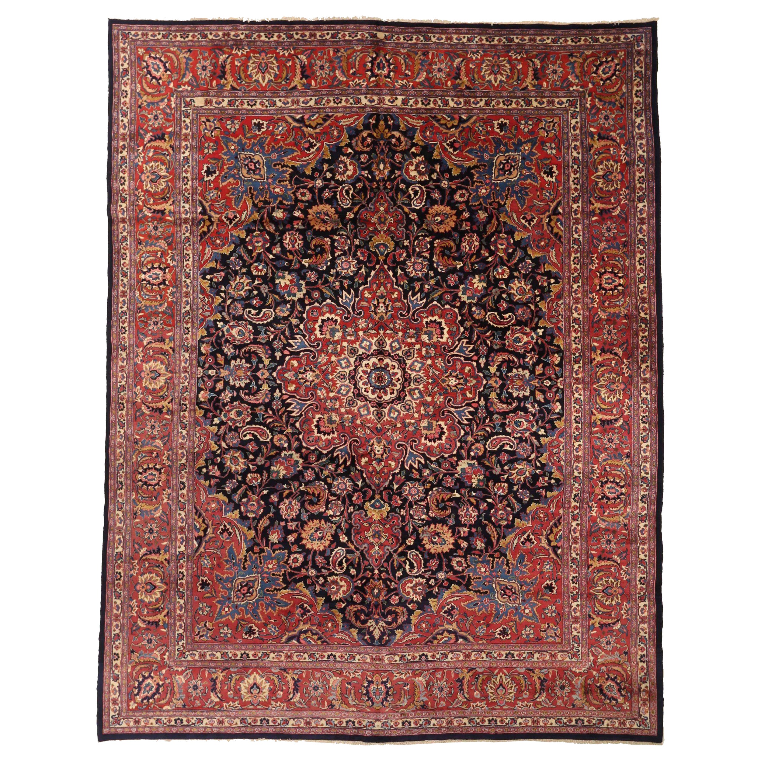 Alfombras Persas Mashad Circa 1910 - Lana Azul Marino Diseño Rojo - 75324 en venta