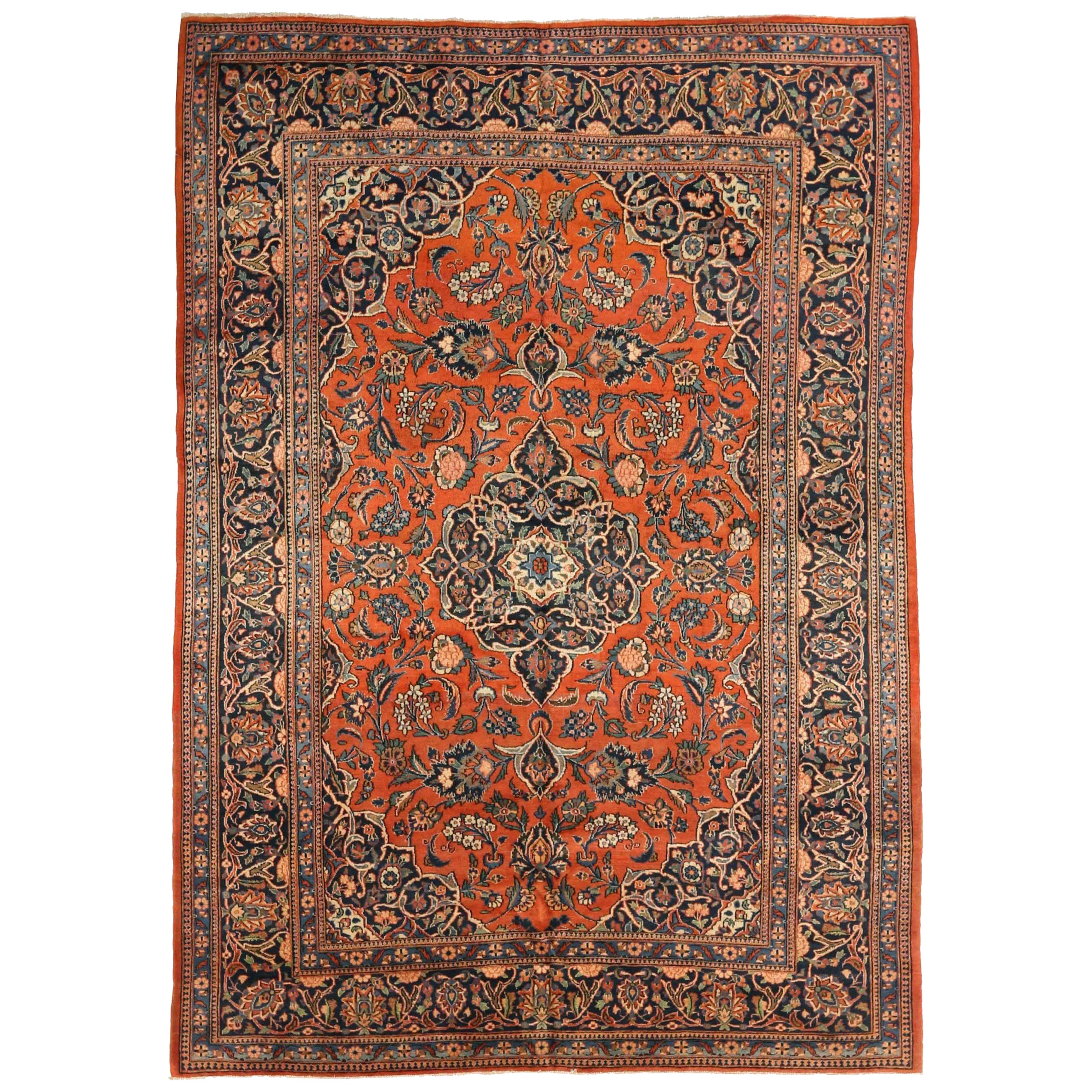 Alfombras Persas Kashan - Lana Marfil Azul Marino Diseño Rojo - 75326