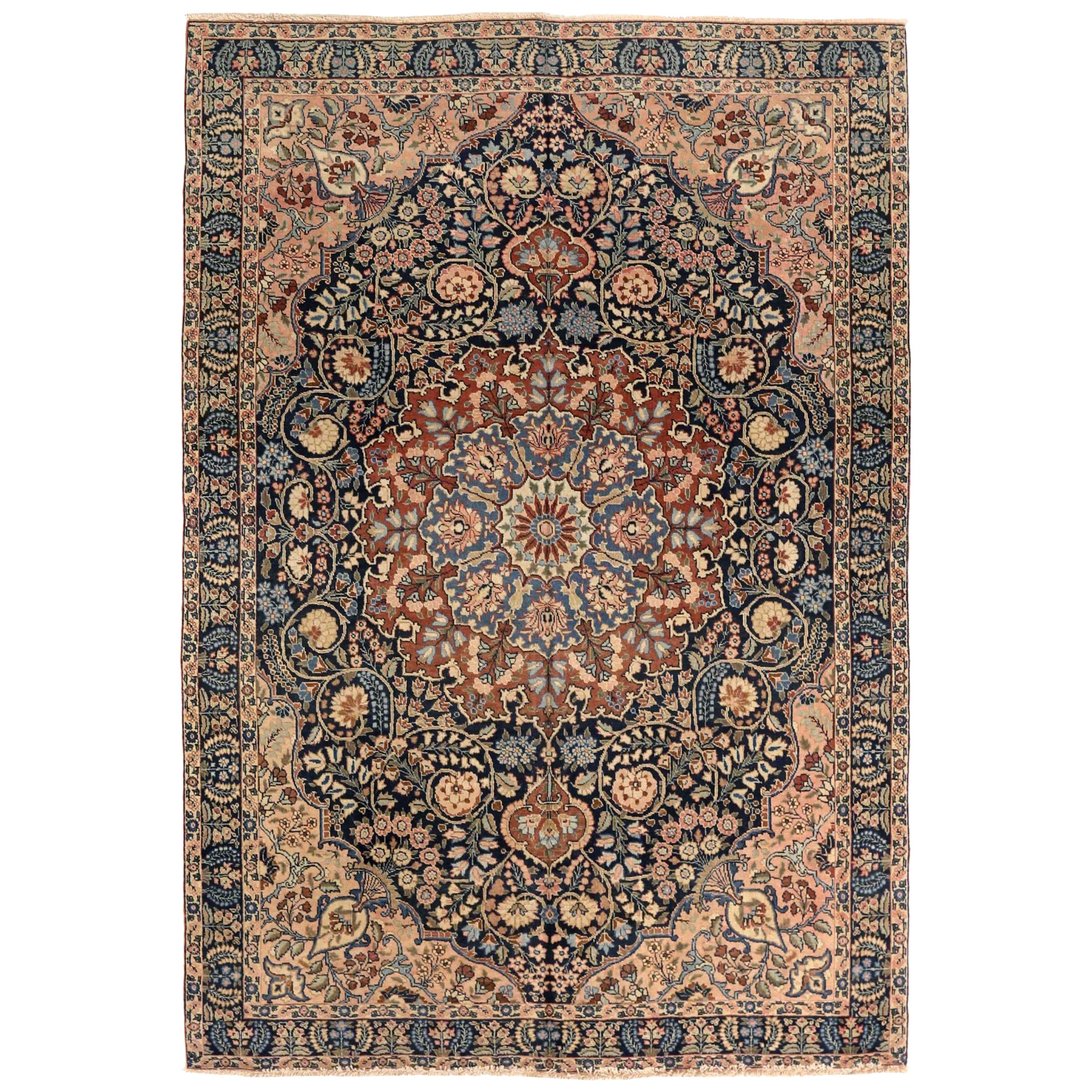 Alfombras Persas Tabriz - Lana Marfil Azul Marino Diseño Rojo - 75331