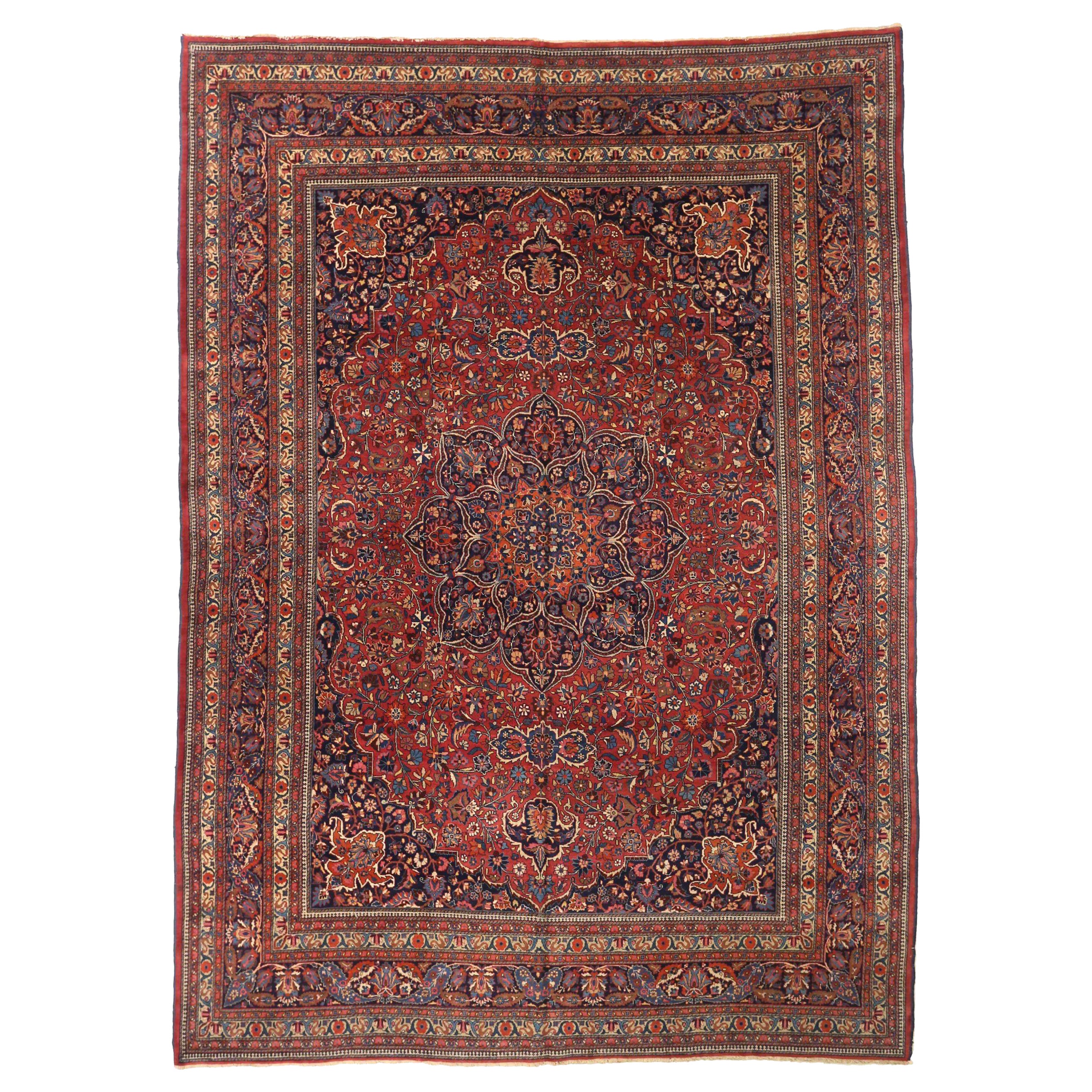Alfombras Persas Mashad Circa 1880 - Lana Azul Marino Diseño Rojo - 75338