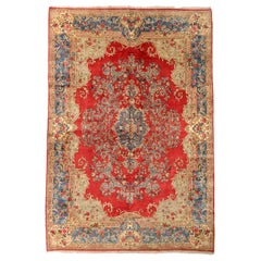 Persian Kerman Area Rugs Circa 1910 - Wool Blue Ivory Red Design - 75296