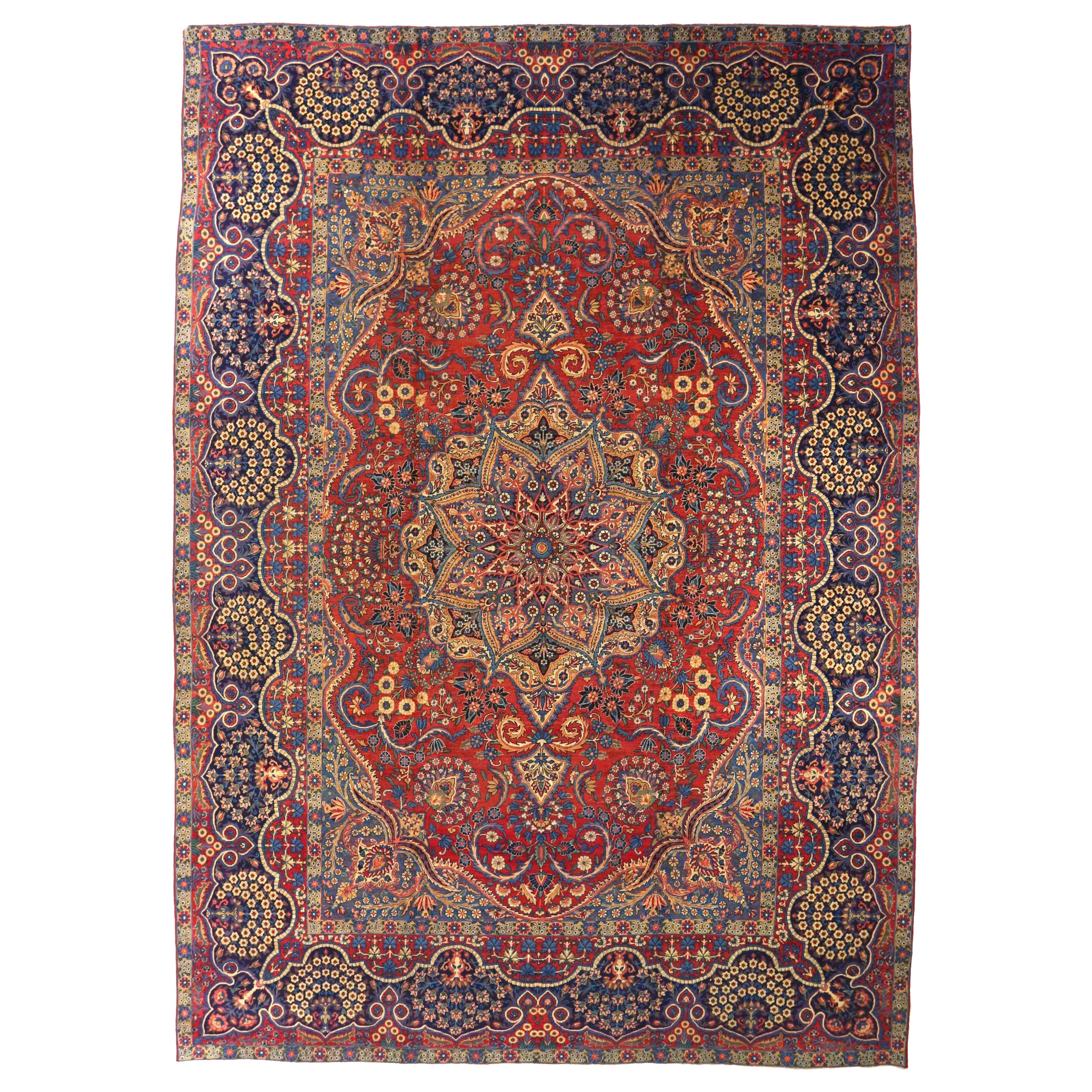 Tapis persan Yazd Over Size datant d'environ 1940 - Motif en laine bleu rouge jaune et jaune - 75352