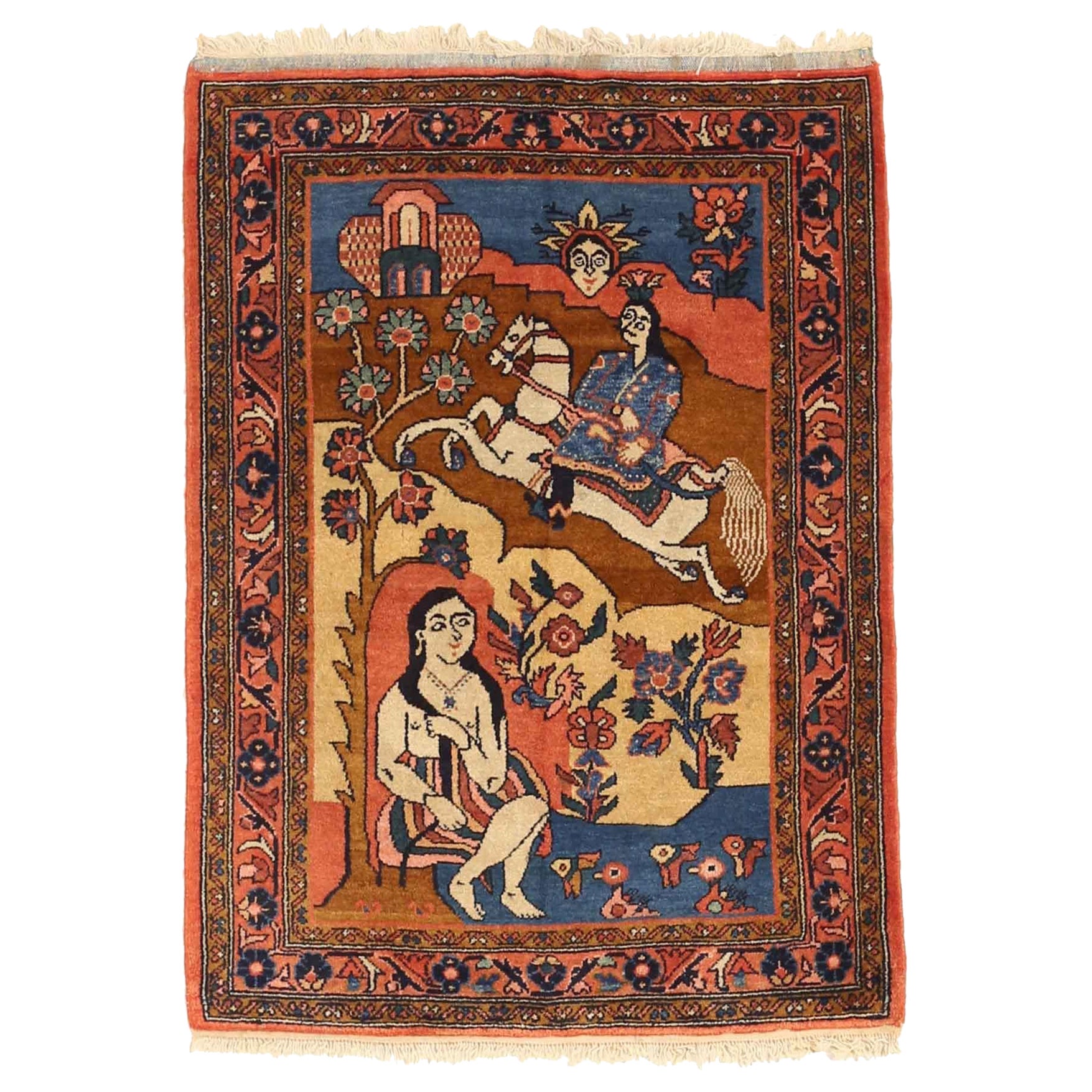 Persian Mehraban Small Rug Circa 1910 - Wool Blue Brown Red Yellow - 75297