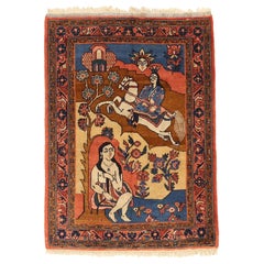 Persian Mehraban Small Rug Circa 1910 - Wool Blue Brown Red Yellow - 75297