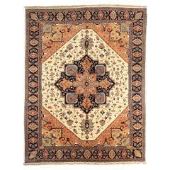 Tapis Persan Heriz Circa 1940 - Laine Ivoire Bleu Marine Rouge Design - 75302