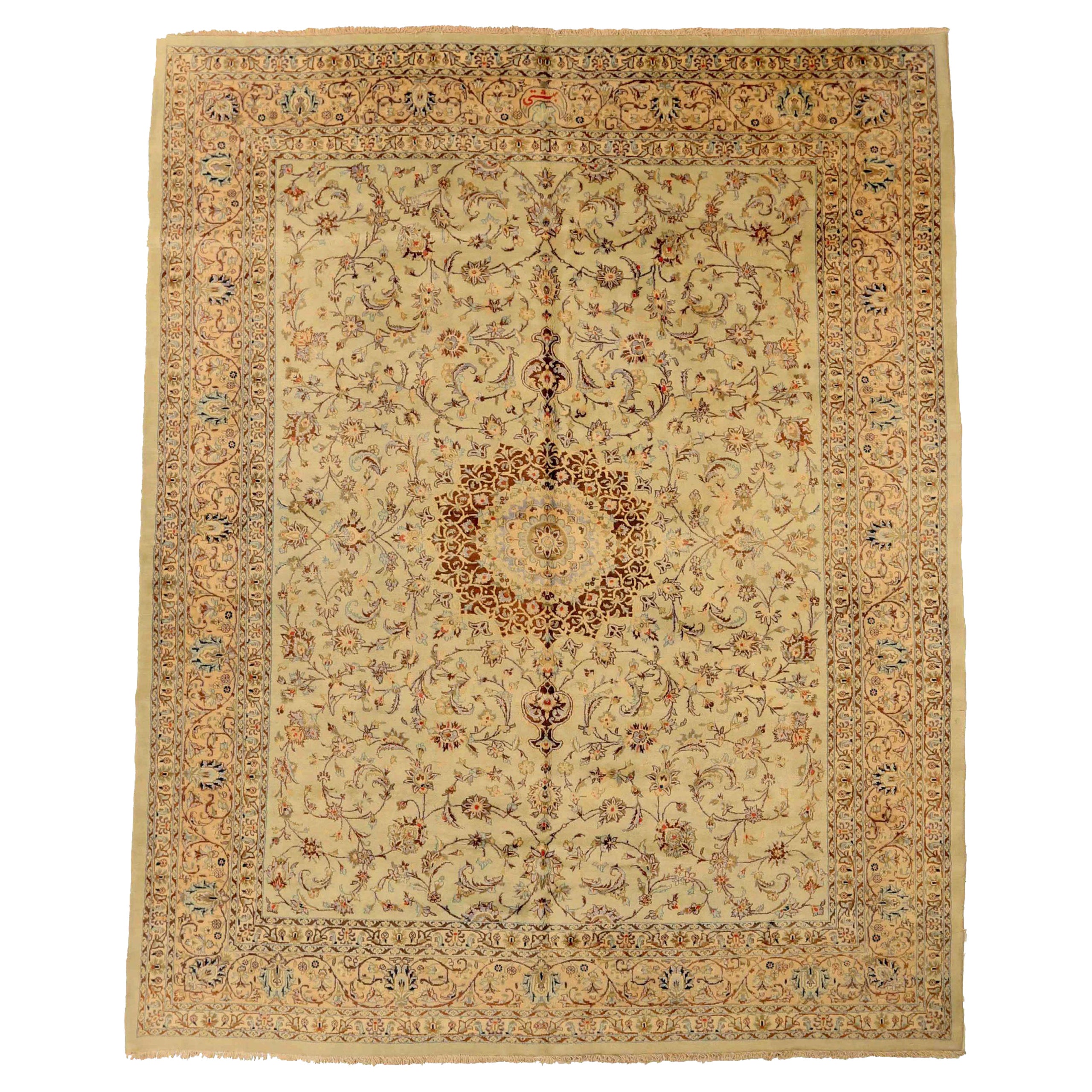 Persische Yazd Bereich Teppiche CIRCA 1910 - Wolle Braun Elfenbein Design - 75316 im Angebot