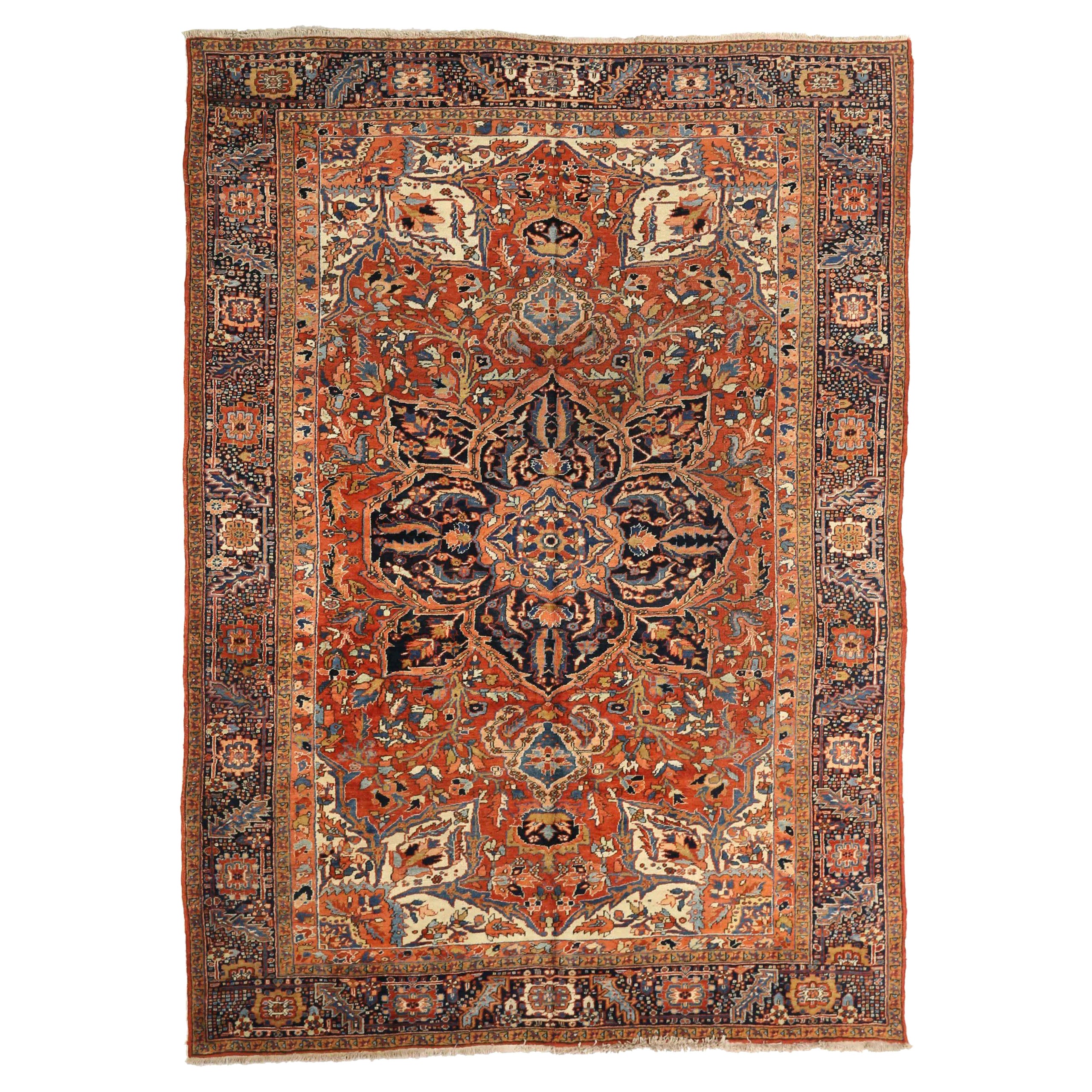 Tapis persans Heriz - Laine ivoire bleu marine bleu rouge motif rouge - 75359 en vente