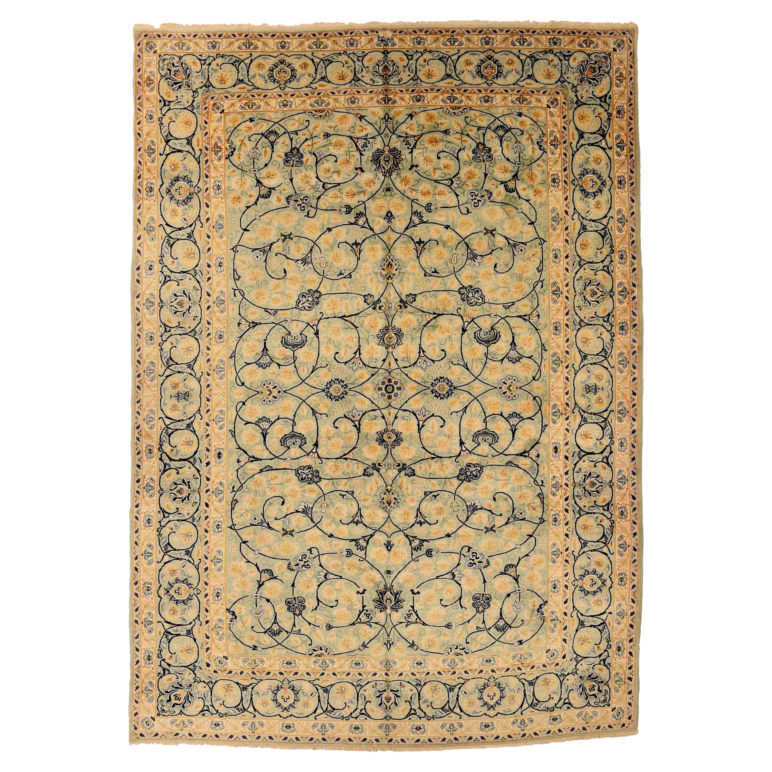 Tapis persans de Kashan datant d'environ 1940, motif en laine vert bleu marine jaune - 75392