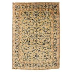 Tapis persans de Kashan datant d'environ 1940, motif en laine vert bleu marine jaune - 75392